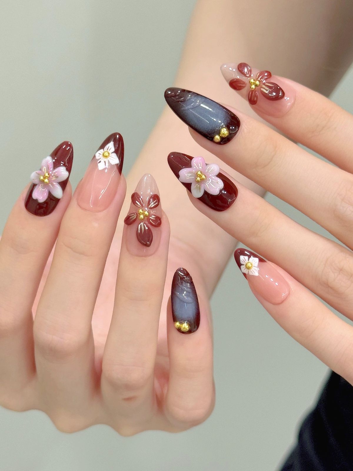 Floral Fire Red Nails