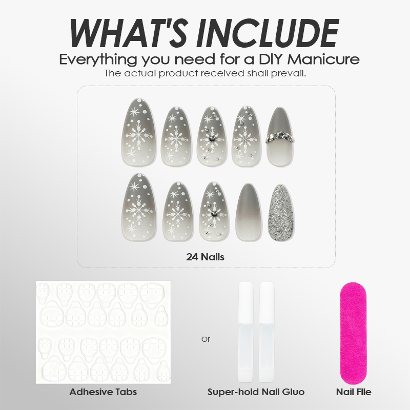 Snowflake Rhinestone Gray Nails