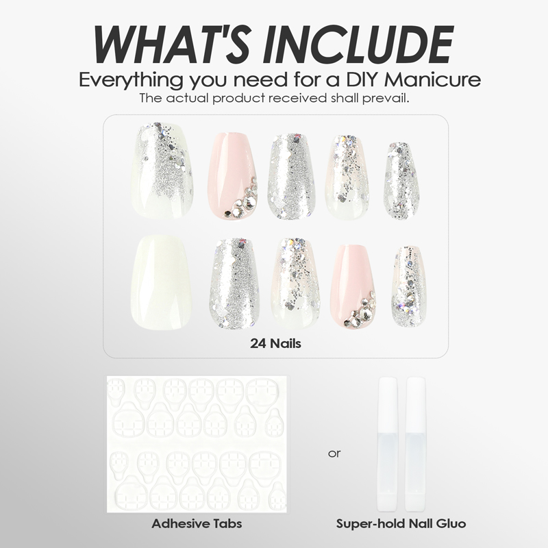 Rhinestone Glitter White Nails