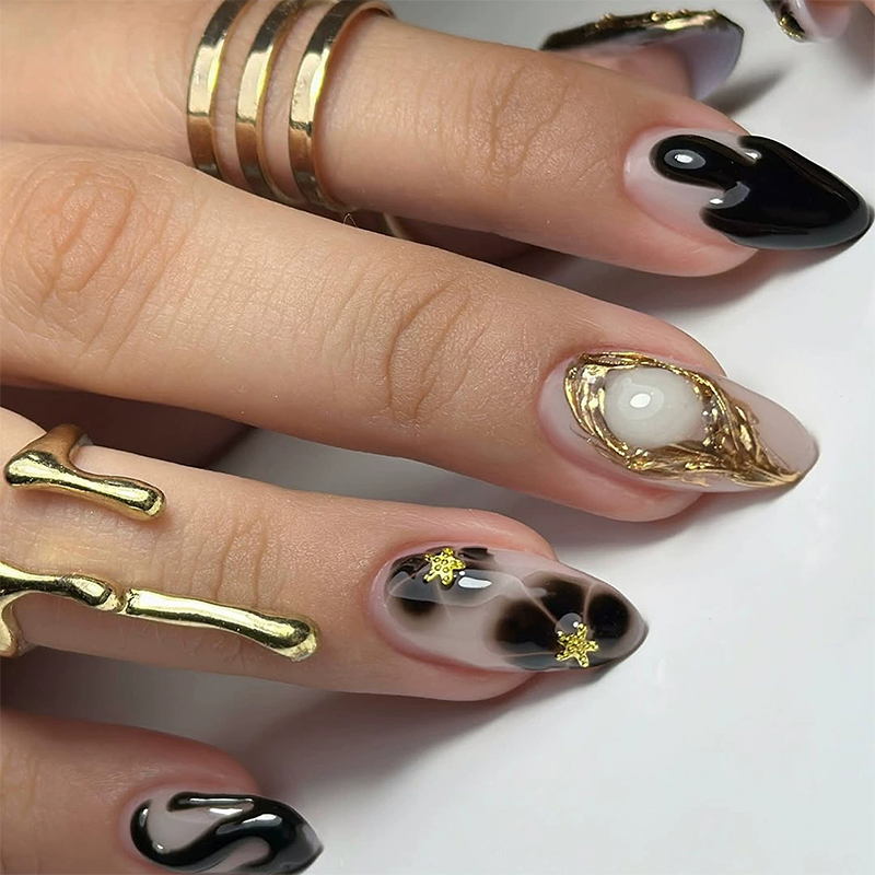 Midnight Gold Black Nails