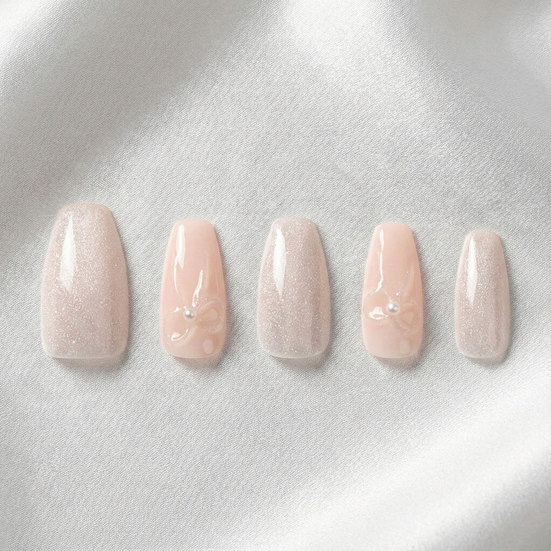 Bow Glitter Pink Nails