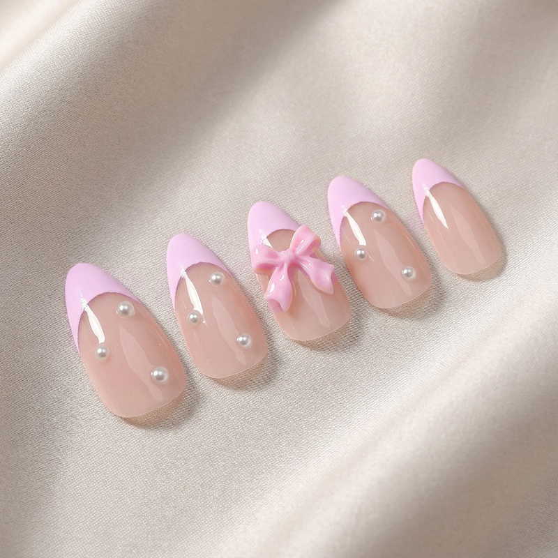 Pearl Bow Pink Nails