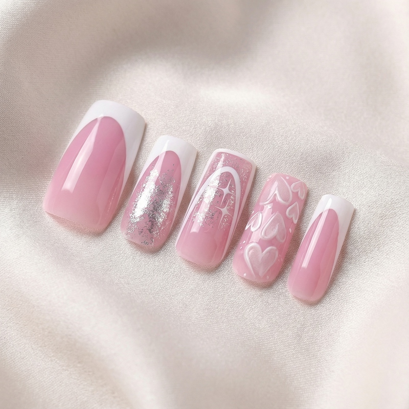 Glitter Heart Pink Nails