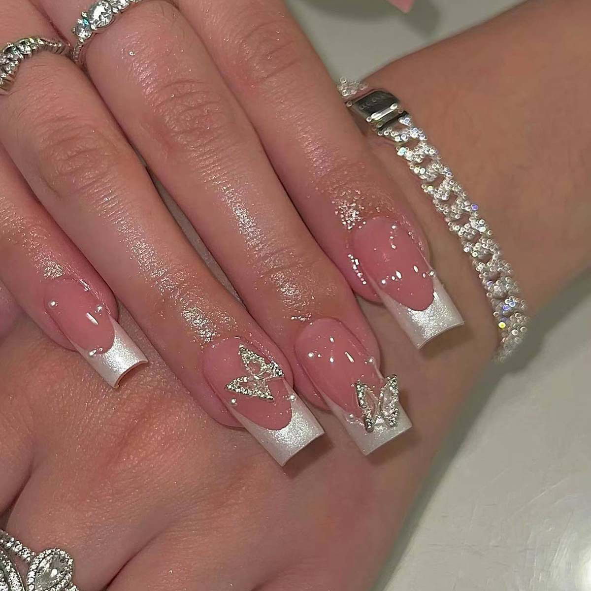 Pearl Butterfly White Nails