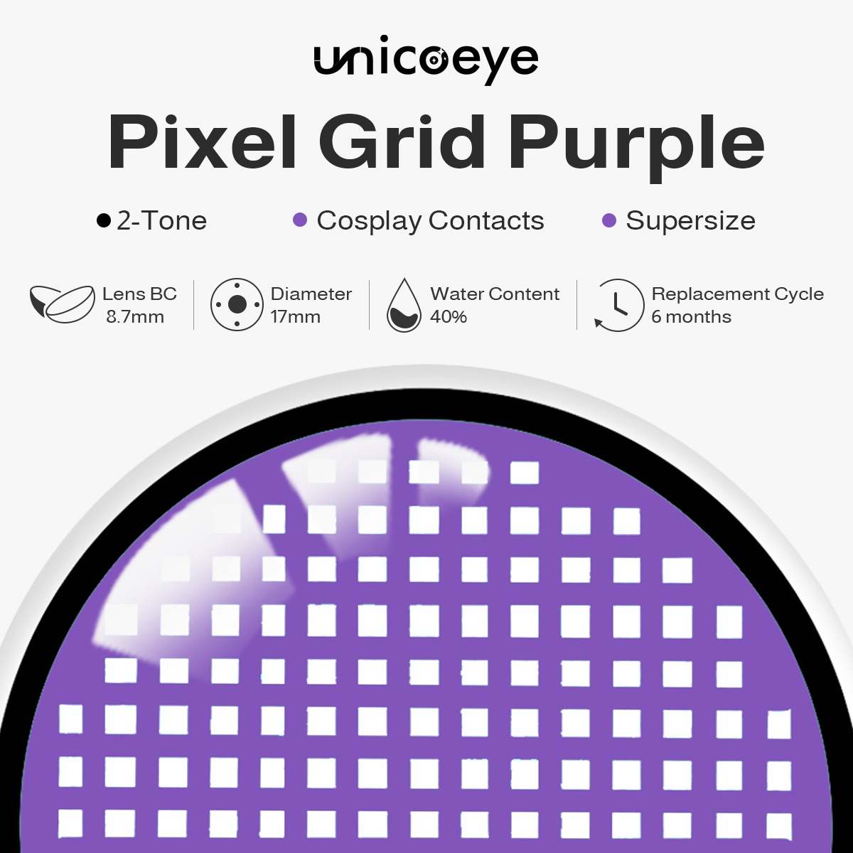 Pixel Grid Purple Sclera 17mm Costume 6 Month Contact Lenses | 2 Pcs