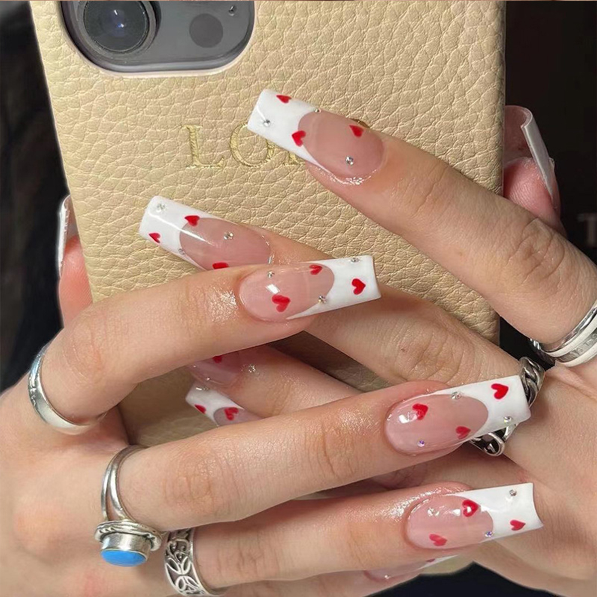 Heart Jewel White Nails