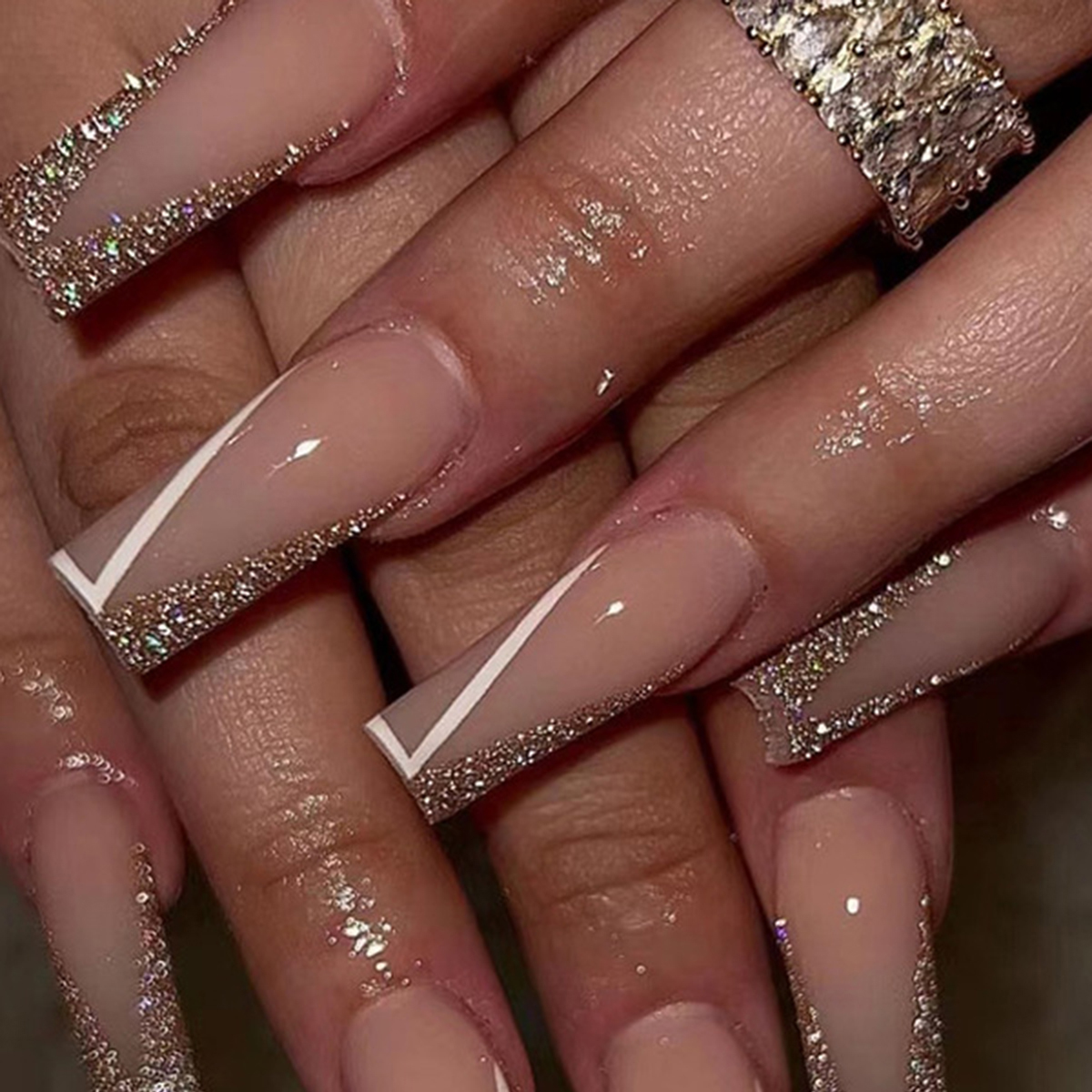 White Lines Glitter Gold Nails