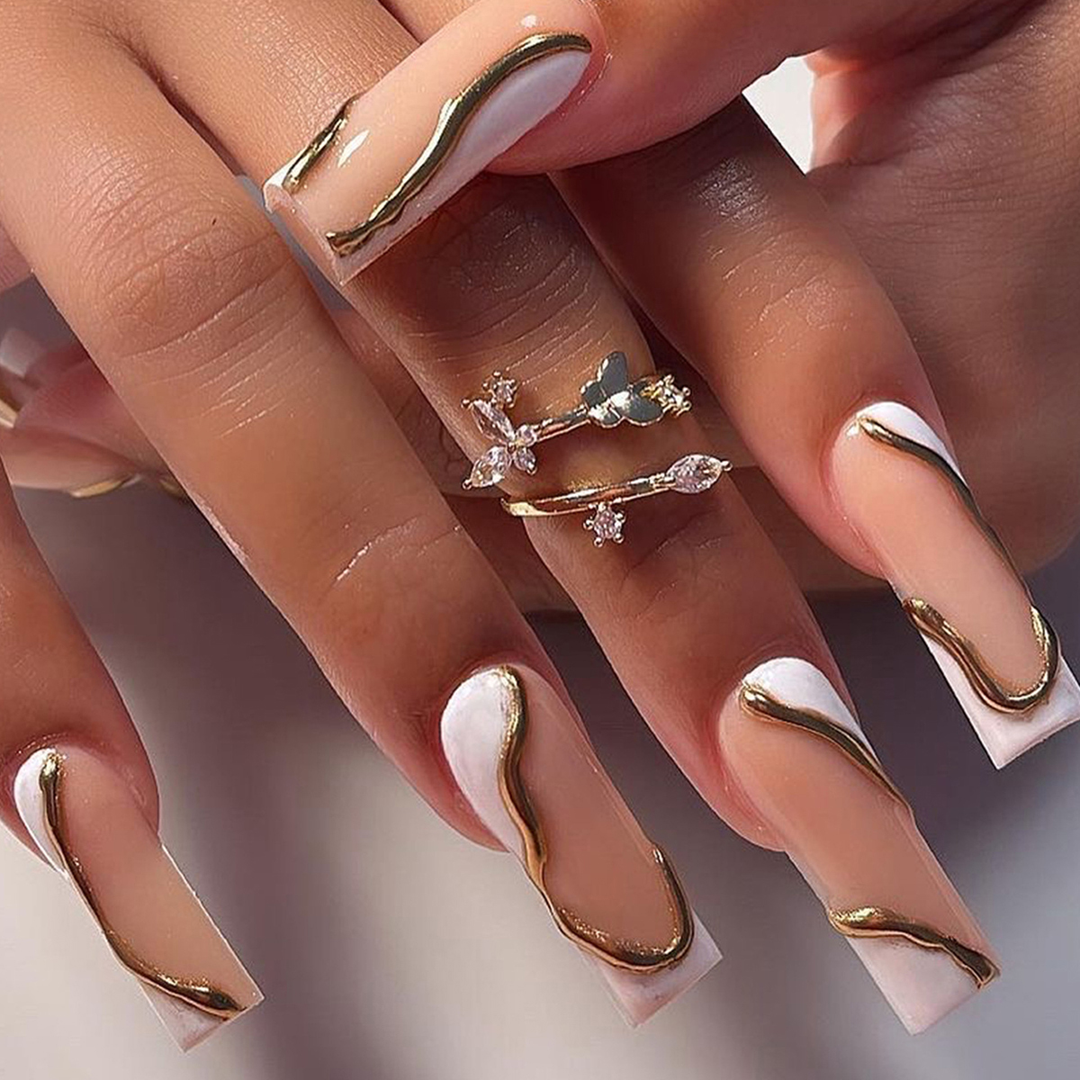 Ballet Gold Foil White Nails