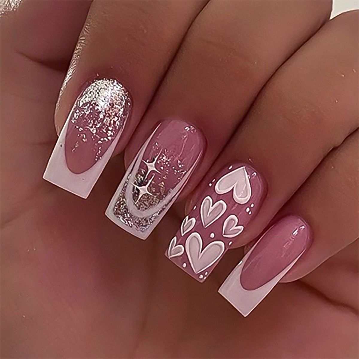 Glitter Heart Pink Nails