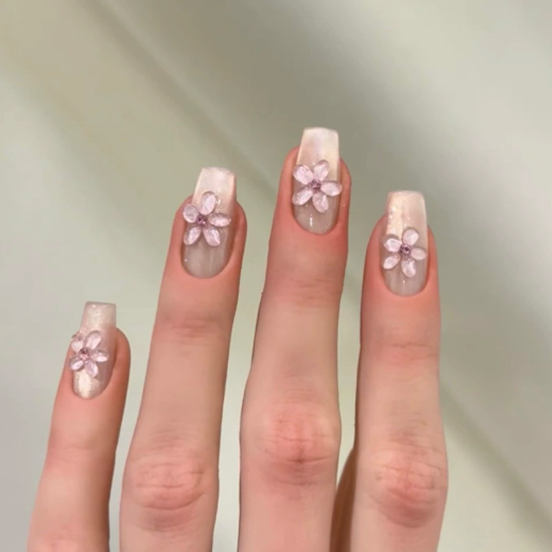 Glassy Petals Pink Nails