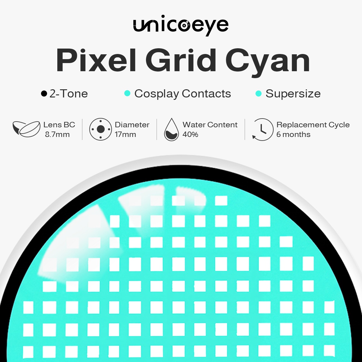 Pixel Grid Cyan Sclera 17mm Costume 6 Month Contact Lenses | 2 Pcs