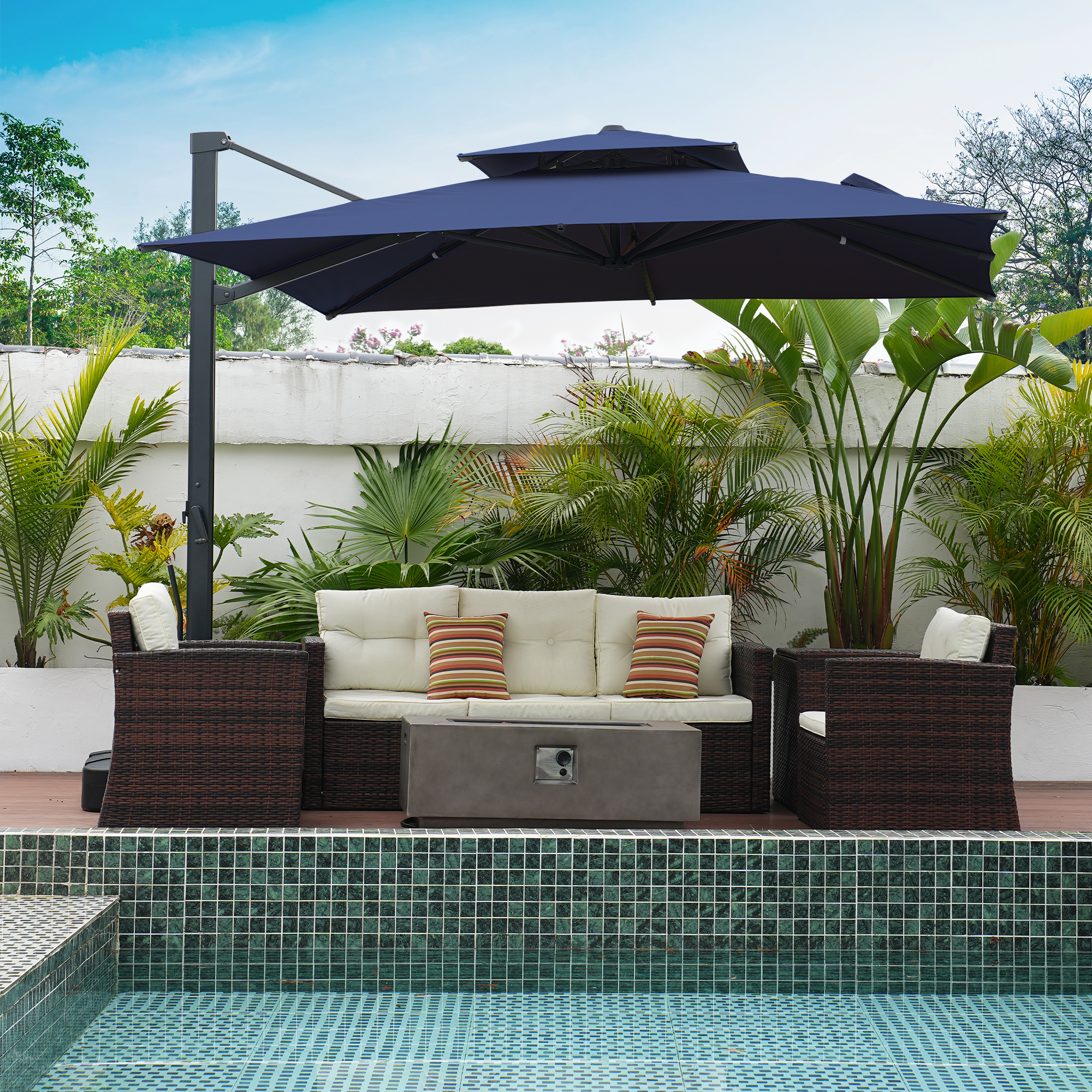 Aluminum Cantilever Patio Umbrella with Tilt Function, Removable Light Bar, and Base Included