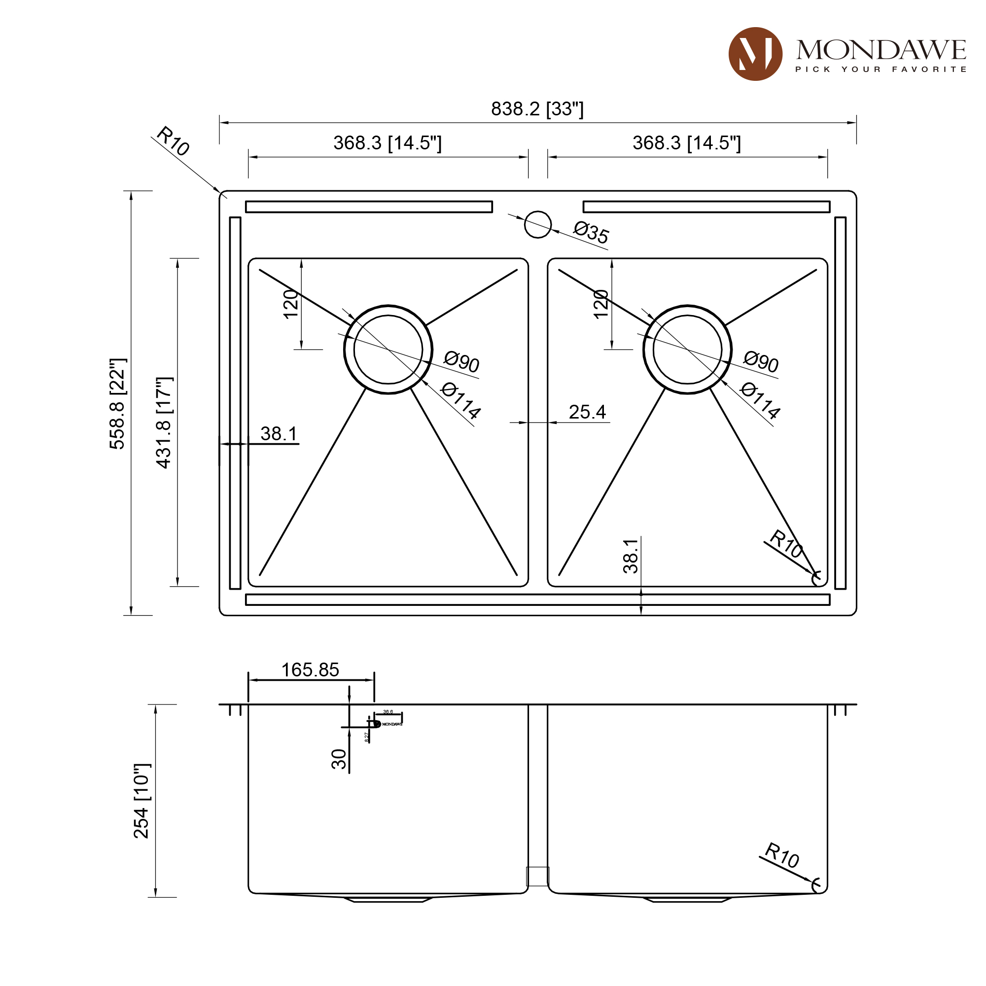 Drop-In 33-in x 22-in Brushed Stainless Steel Double Bowl Kitchen Sink-Mondawe