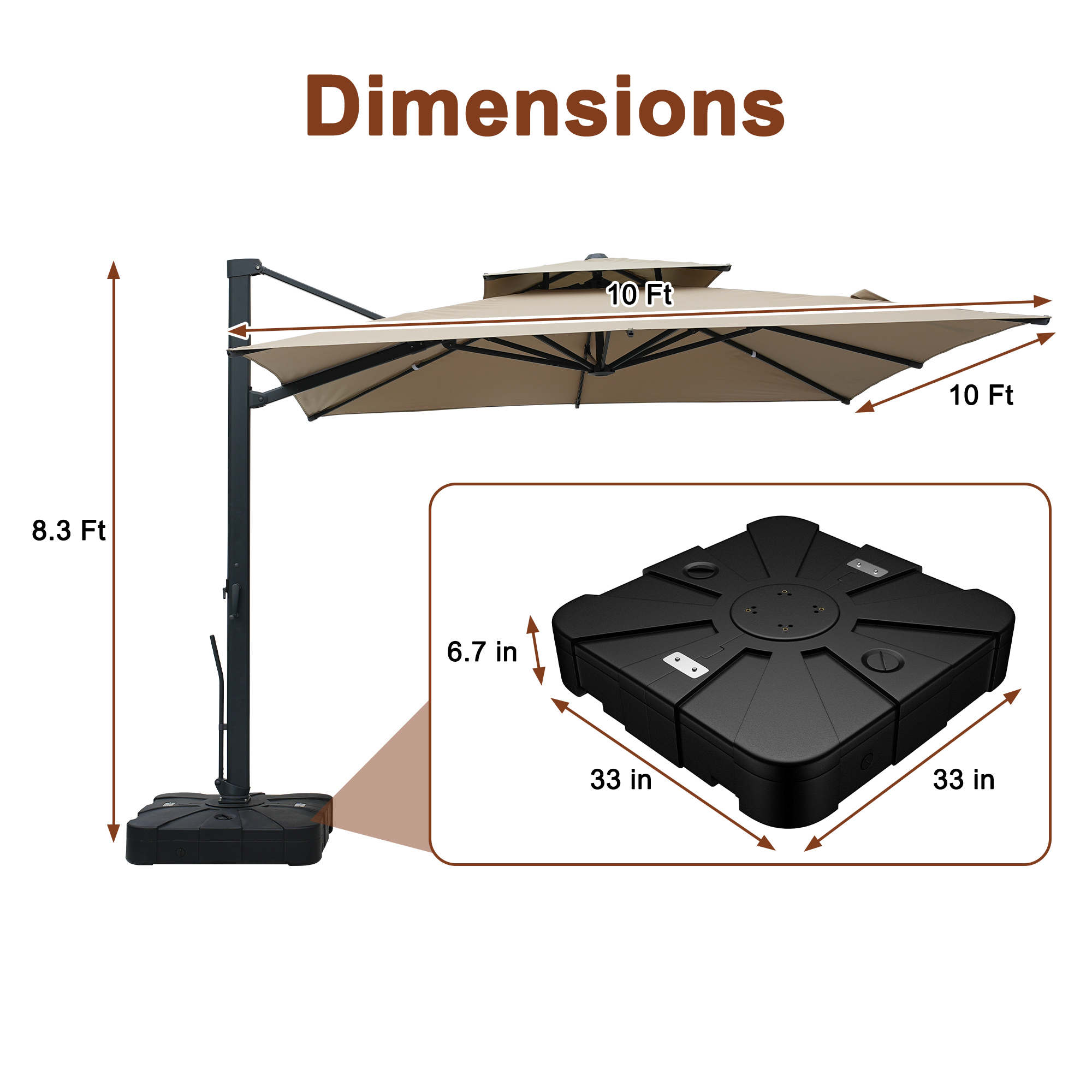 Aluminum Cantilever Patio Umbrella with Tilt Function, Removable Light Bar, and Base Included