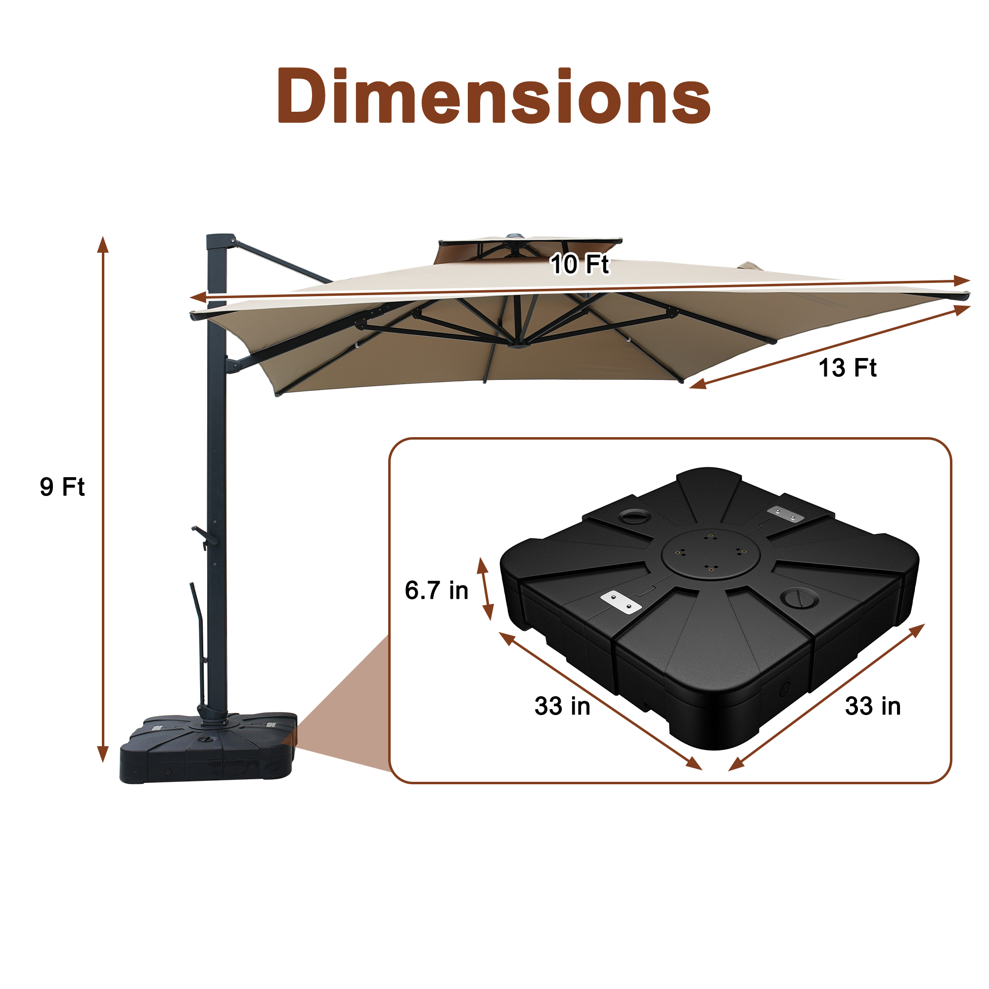 Aluminum Cantilever Patio Umbrella with Tilt Function, Removable Light Bar, and Base Included