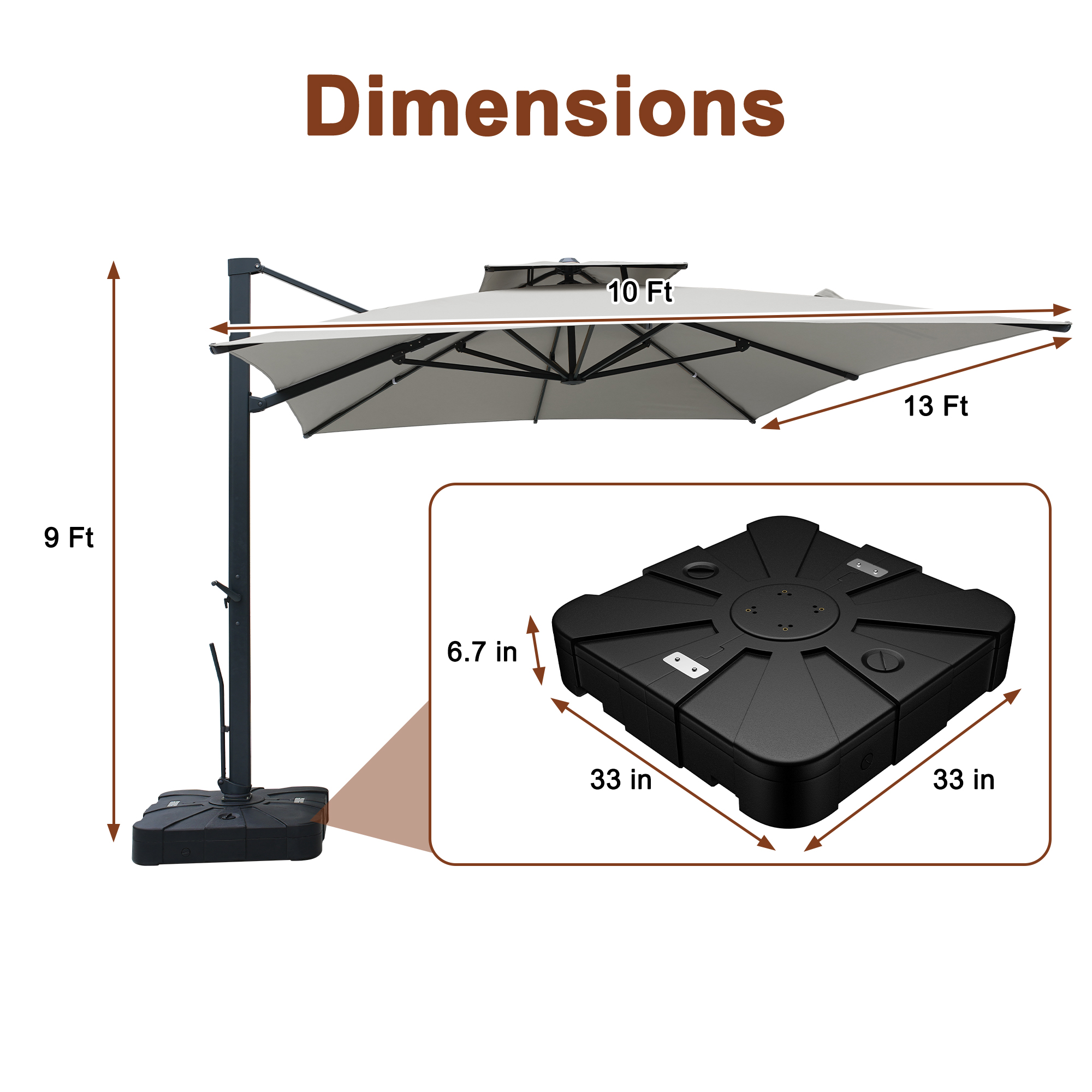 Aluminum Cantilever Patio Umbrella with Tilt Function, Removable Light Bar, and Base Included