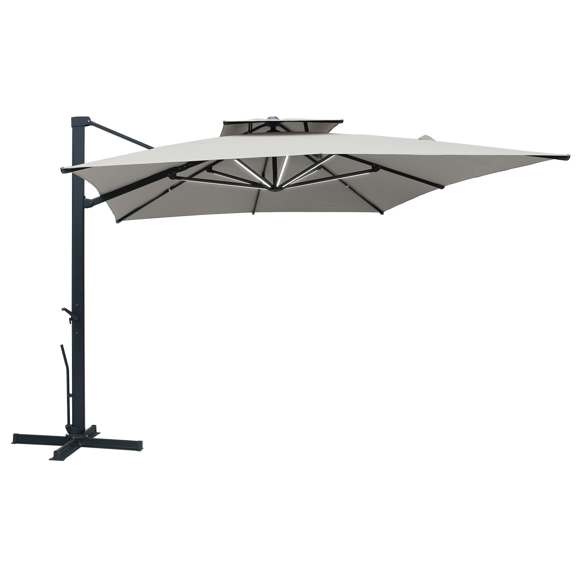 Aluminum Cantilever Patio Umbrella with Tilt Function, Removable Light Bar, and Base Included