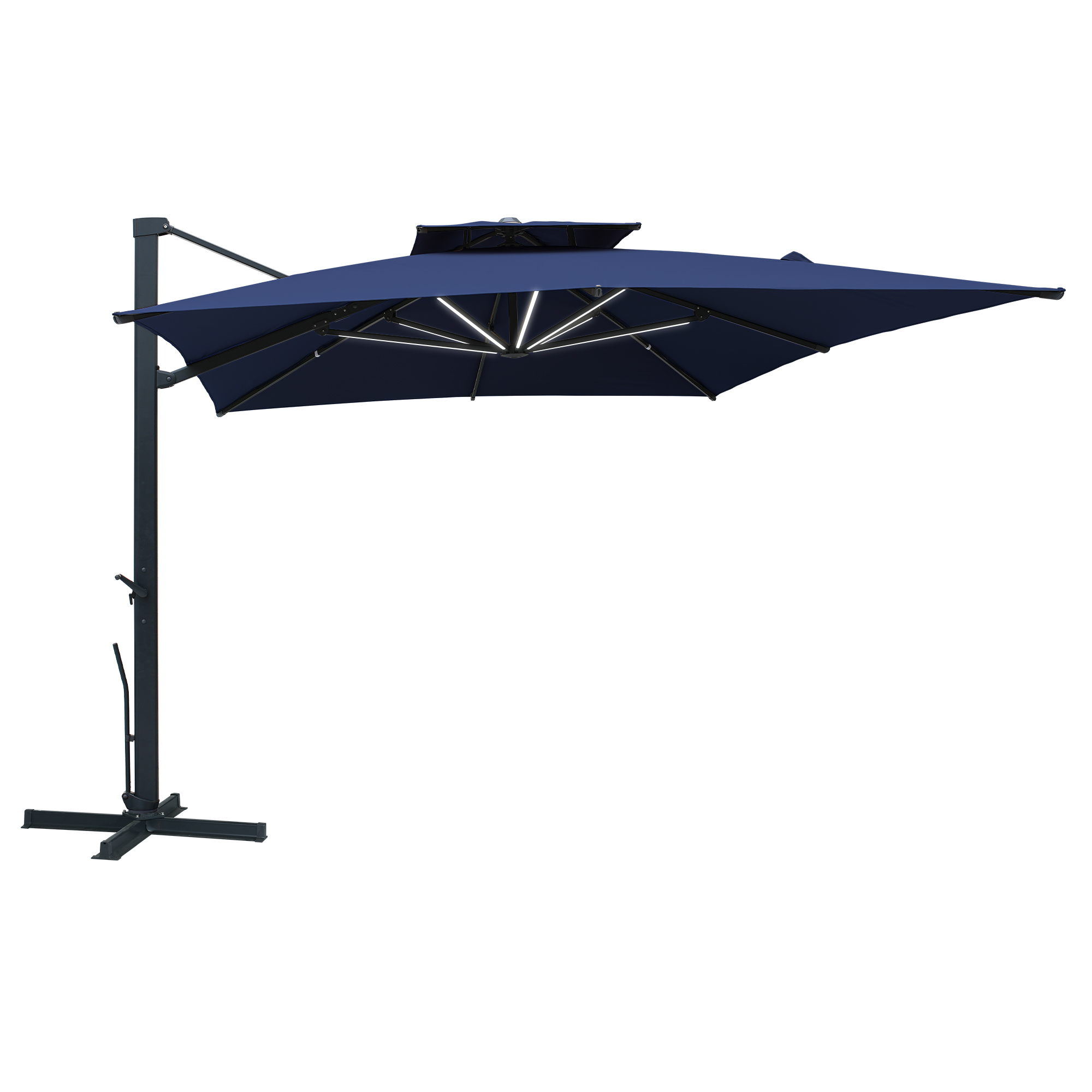 Aluminum Cantilever Patio Umbrella with Tilt Function, Removable Light Bar, and Base Included