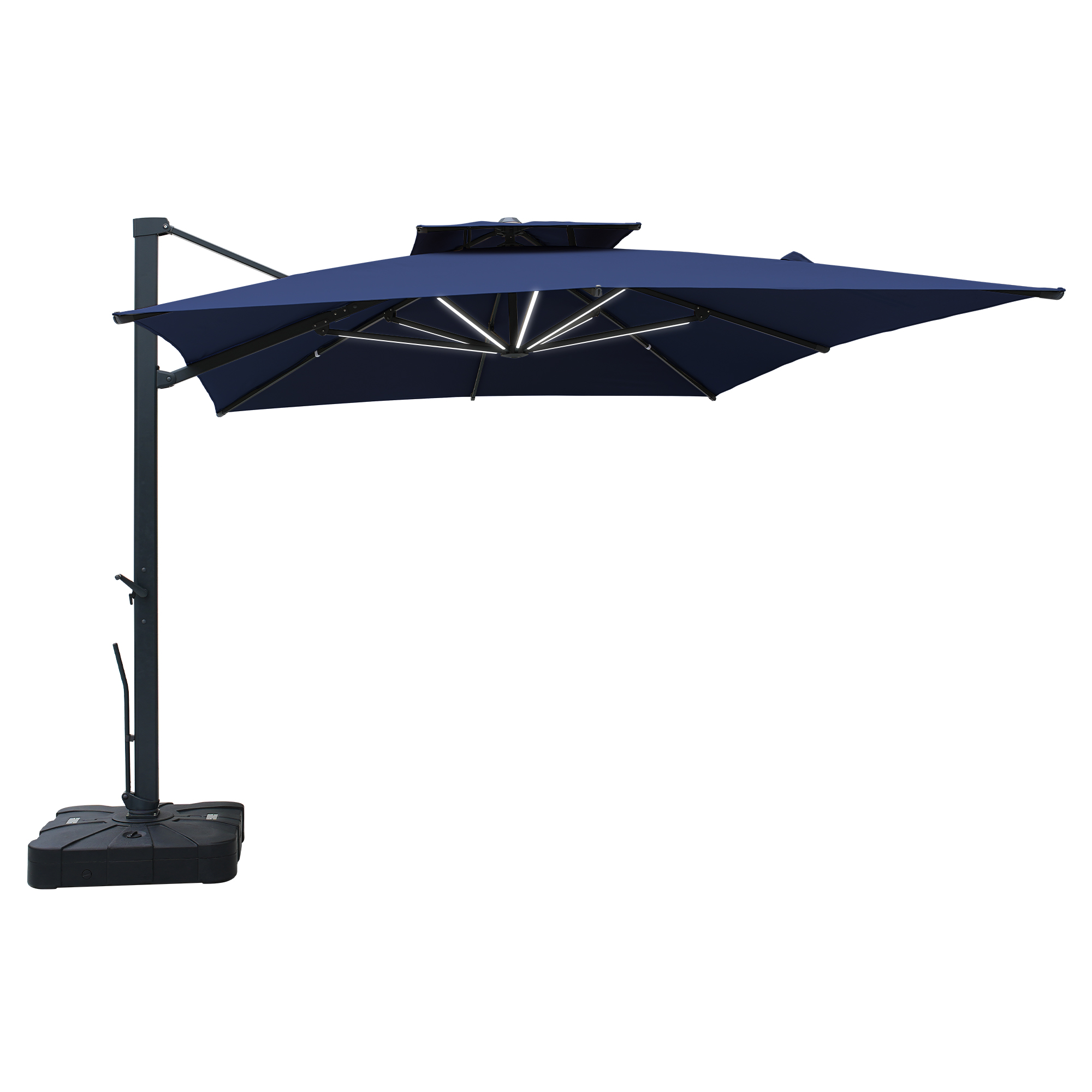 Aluminum Cantilever Patio Umbrella with Tilt Function, Removable Light Bar, and Base Included
