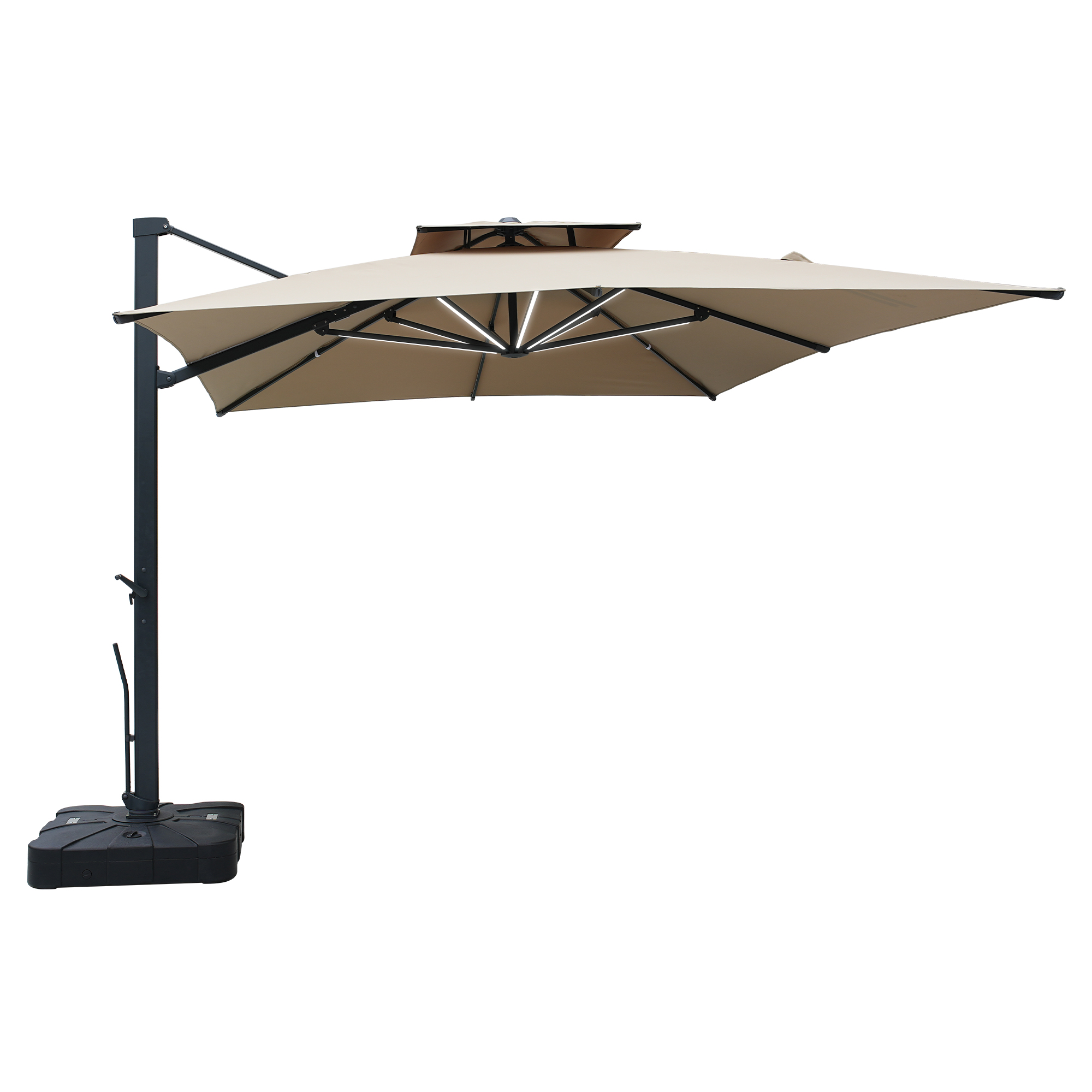Aluminum Cantilever Patio Umbrella with Tilt Function, Removable Light Bar, and Base Included