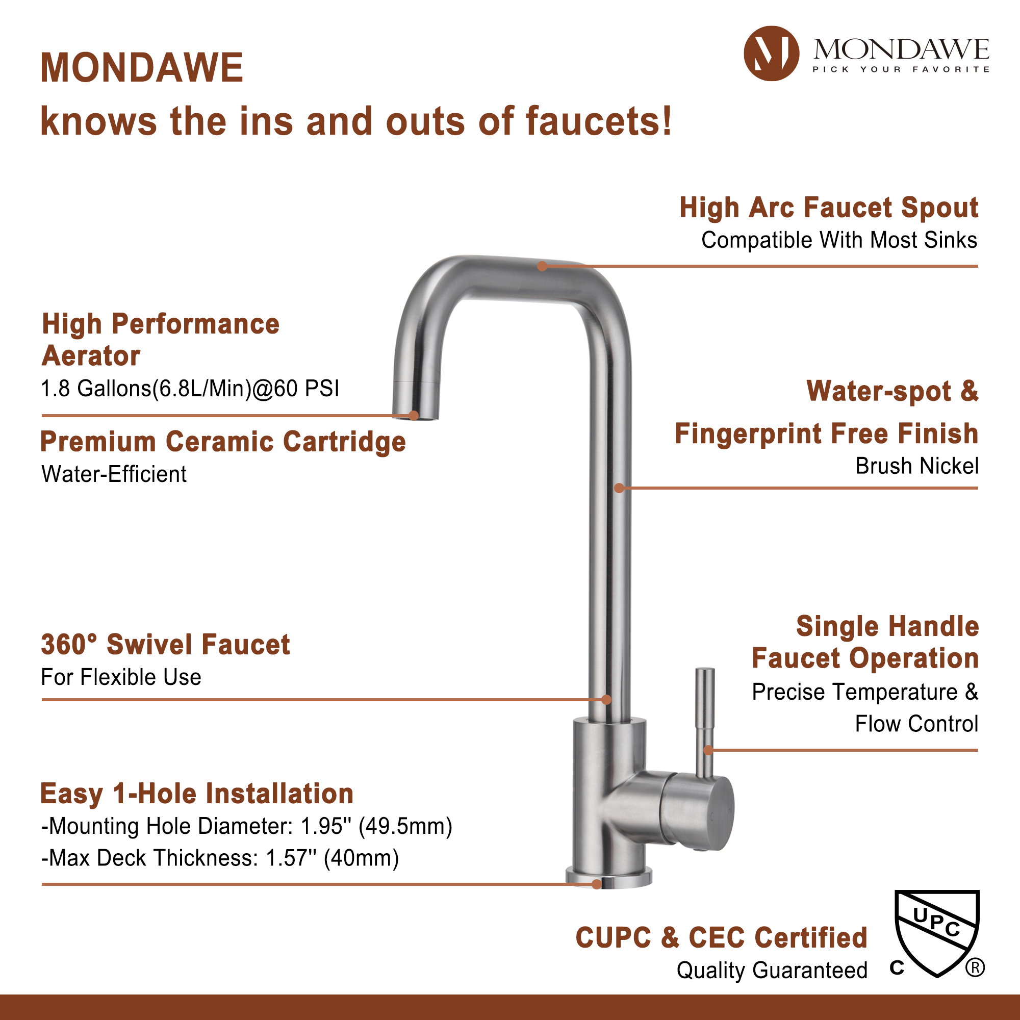 High Arc Pull Down Single Handle Kitchen Faucet with Accessories-Mondawe