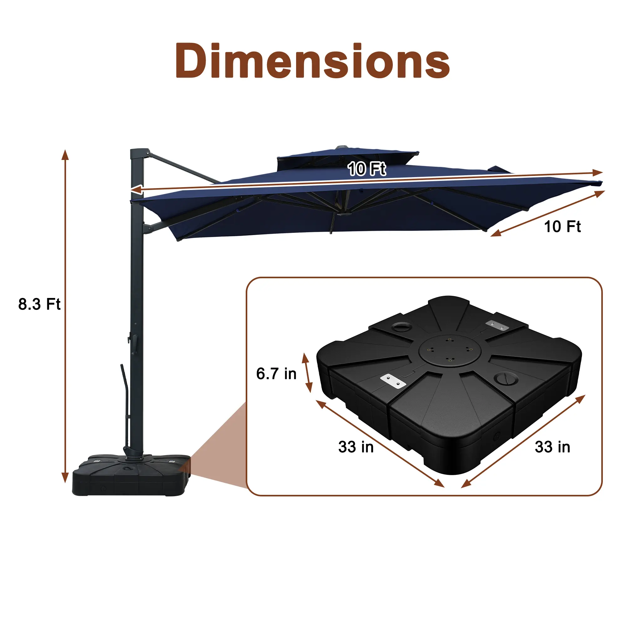 10-Ft Aluminum Patio Cantilever Umbrella with Base and Removable Light Strips