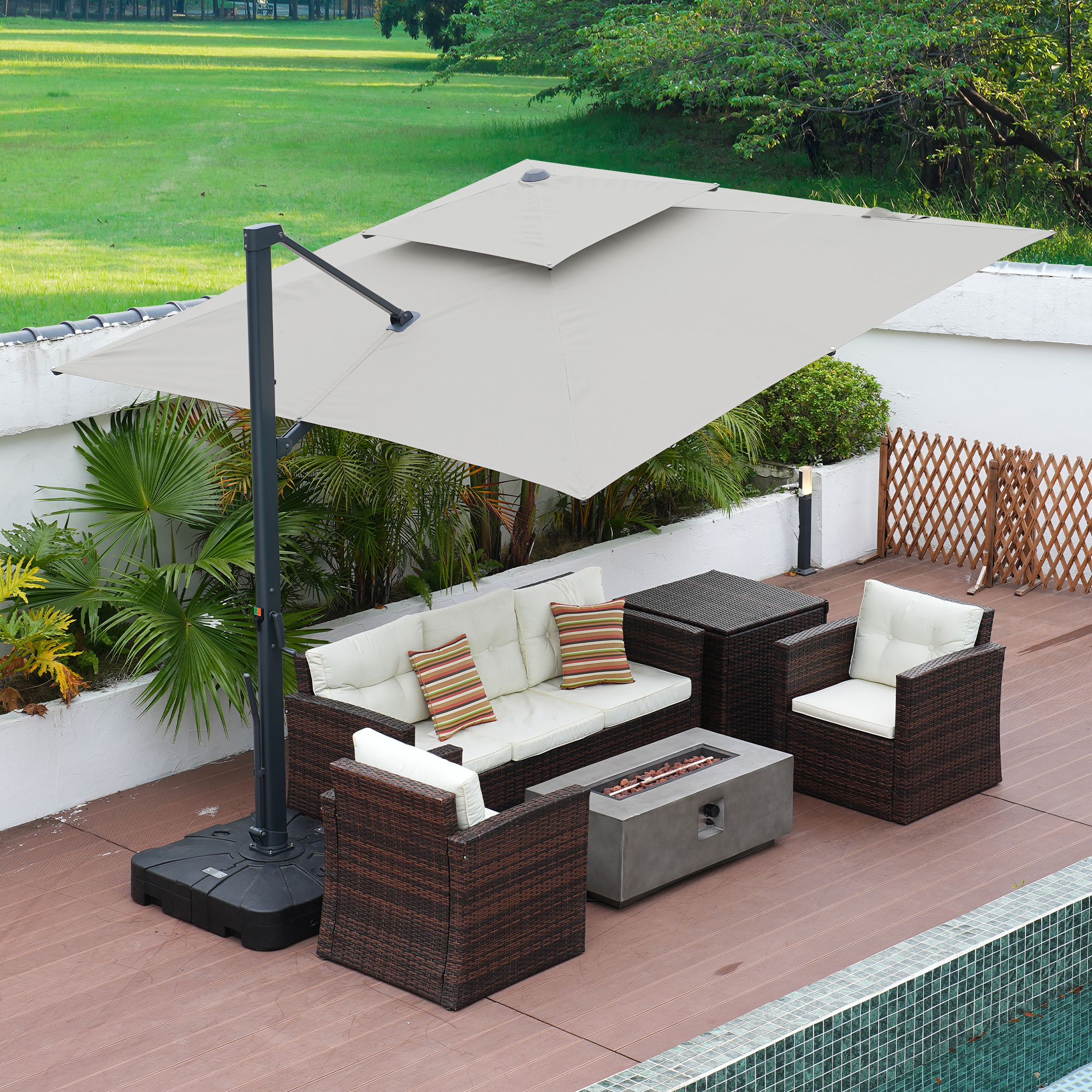 Aluminum Cantilever Patio Umbrella with Tilt Function, Removable Light Bar, and Base Included