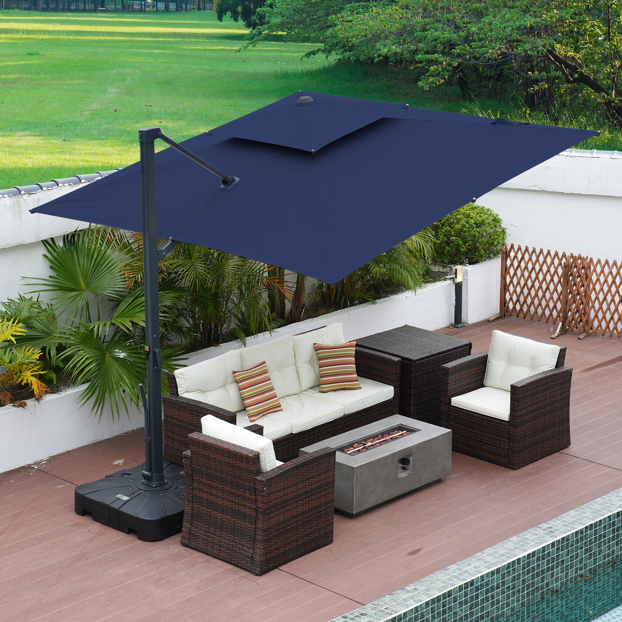 Aluminum Cantilever Patio Umbrella with Tilt Function, Removable Light Bar, and Base Included