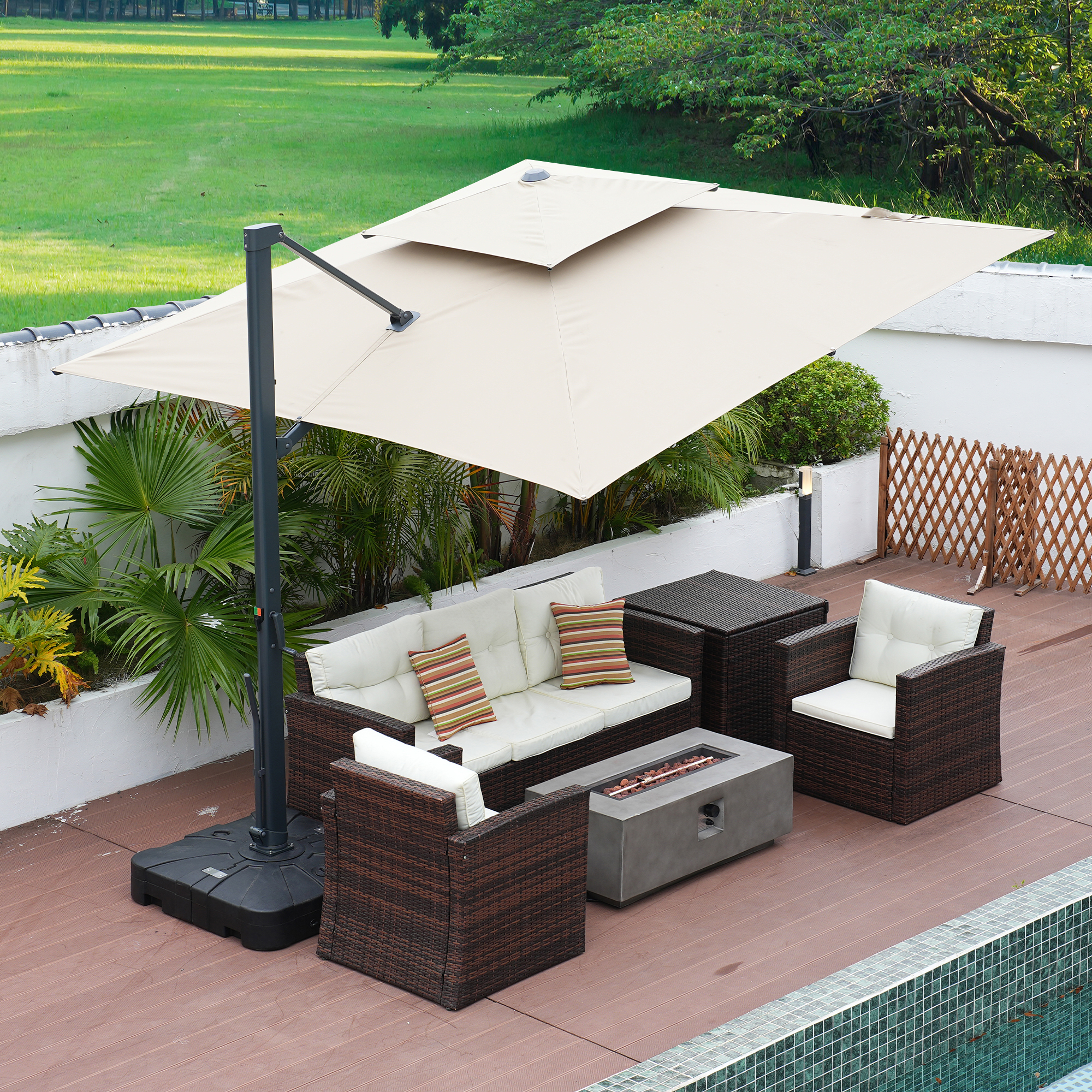 Aluminum Cantilever Patio Umbrella with Tilt Function, Removable Light Bar, and Base Included