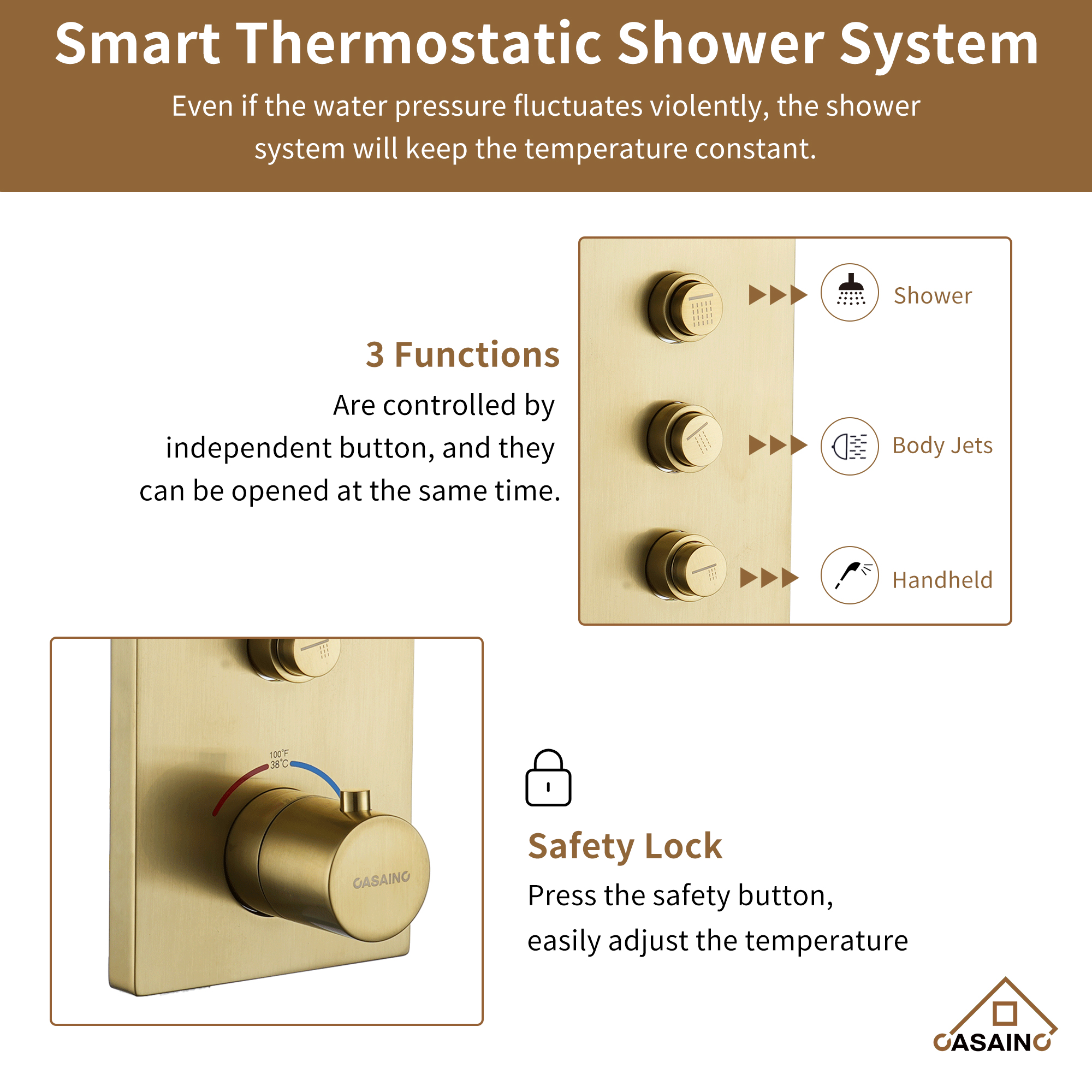 Brushed Gold 12-in Built-In Shower Faucet System with 3-way Diverter (Thermostatic Valve Included)