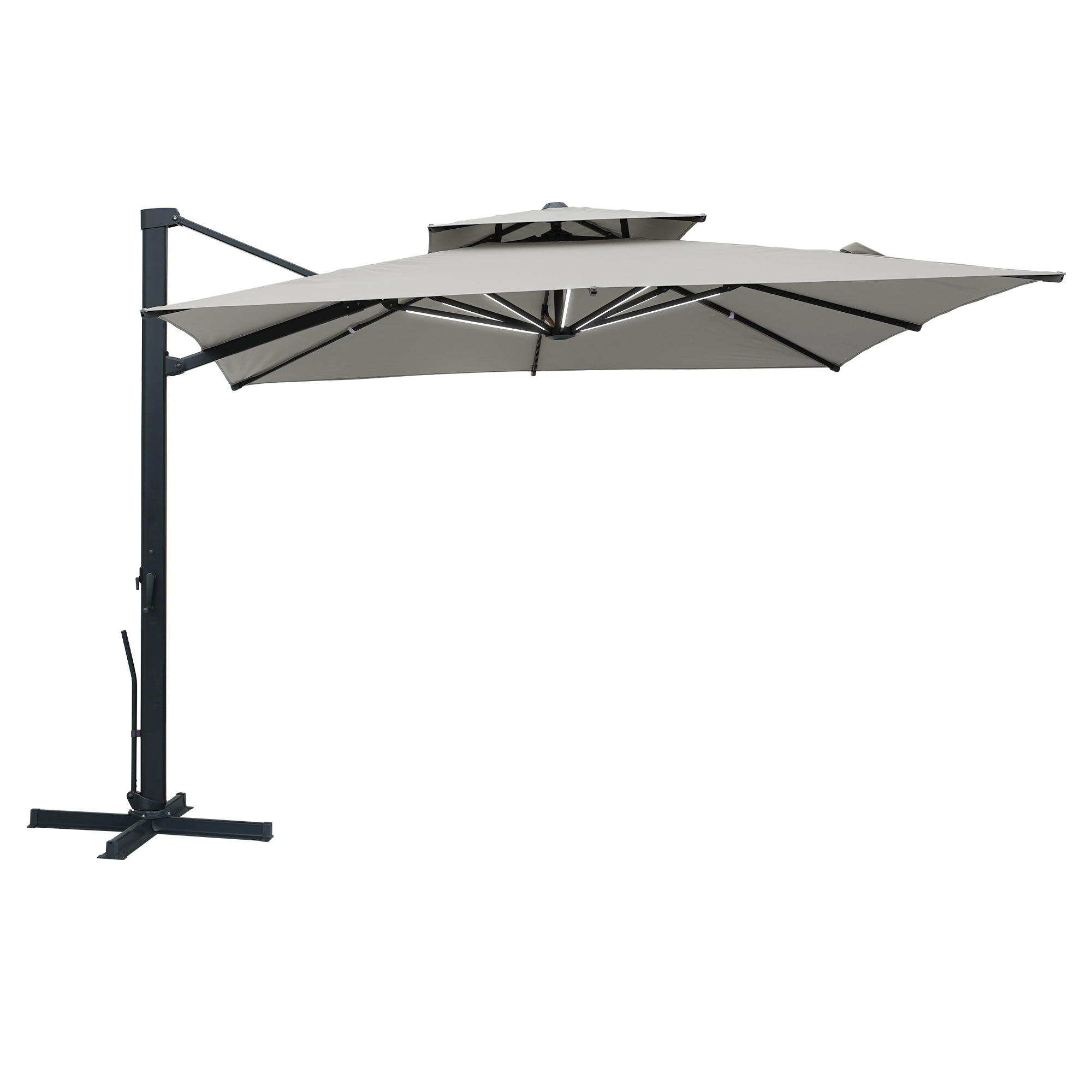 Aluminum Cantilever Patio Umbrella with Tilt Function, Removable Light Bar, and Base Included