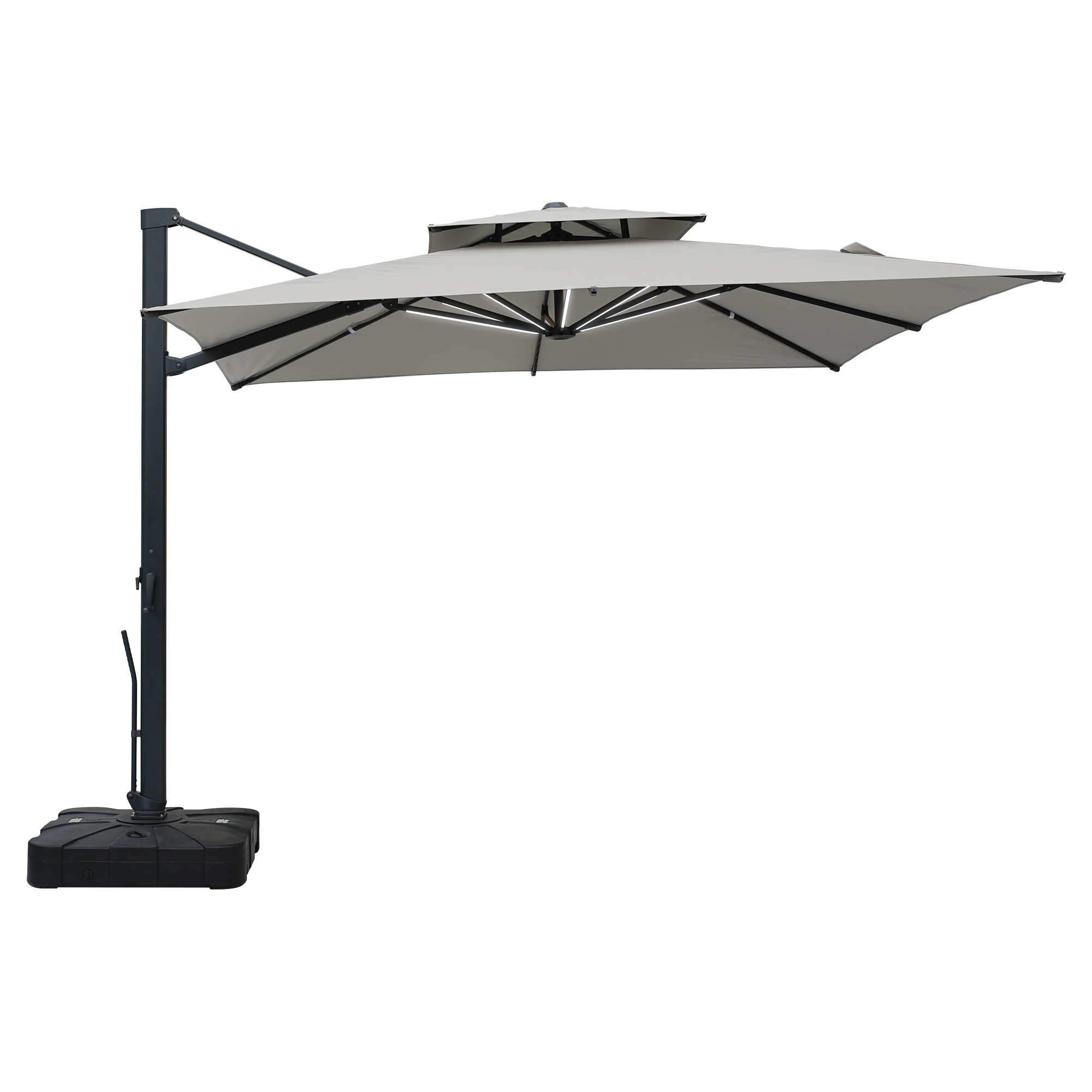 Aluminum Cantilever Patio Umbrella with Tilt Function, Removable Light Bar, and Base Included