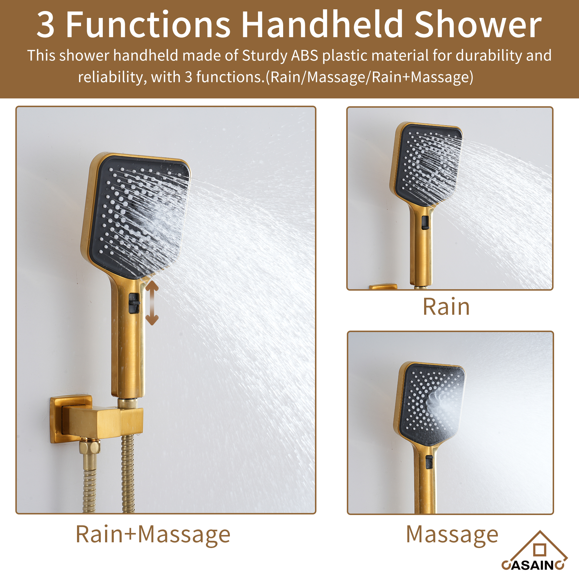 Luxury Thermostatic 3-Spray Patterns 12 in. Flush Wall Mount/Ceiling Mount Rainfall Dual Shower Heads with 6-Jets in Brushed Gold