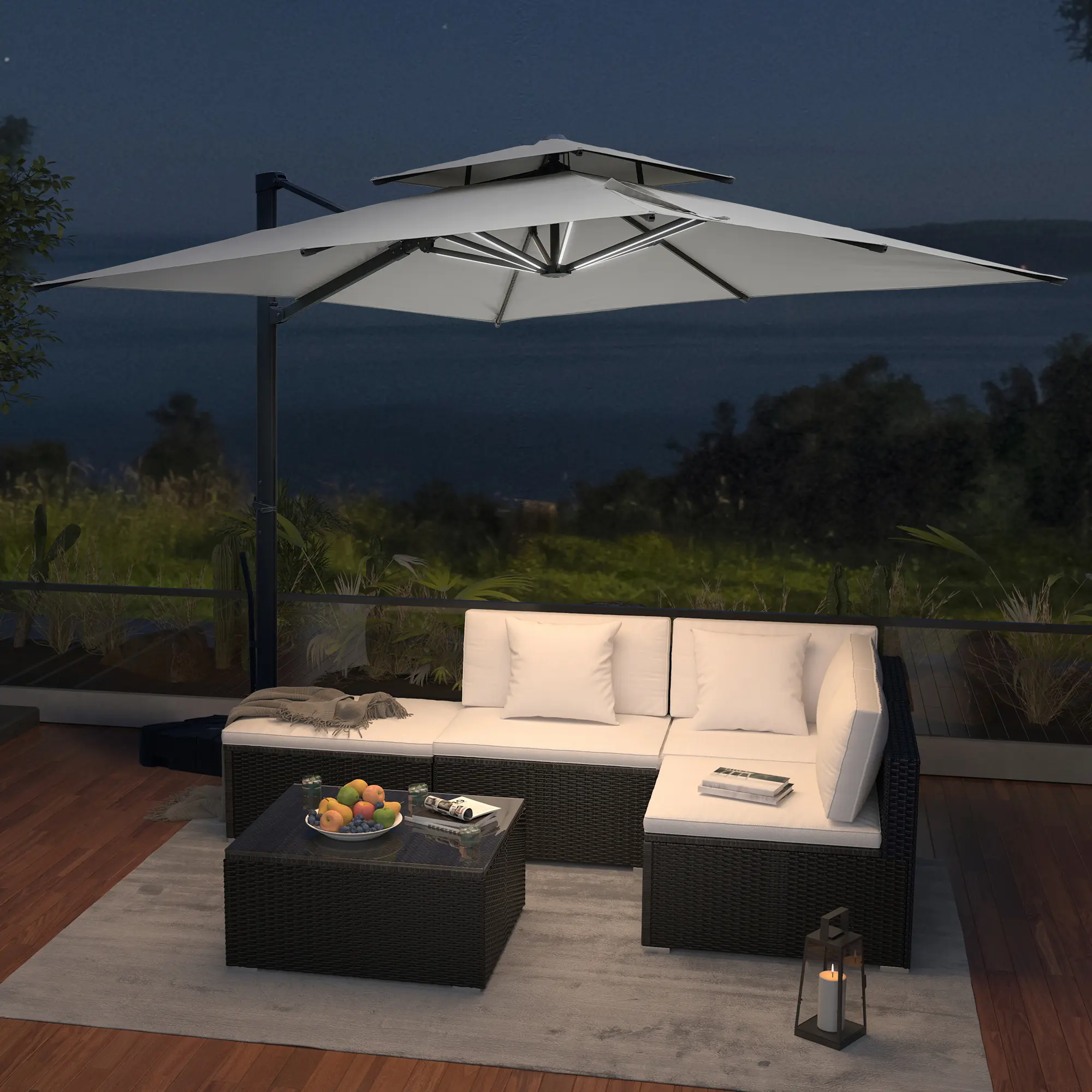 10-Ft Aluminum Patio Cantilever Umbrella with Removable Light Strips and Tilt Function