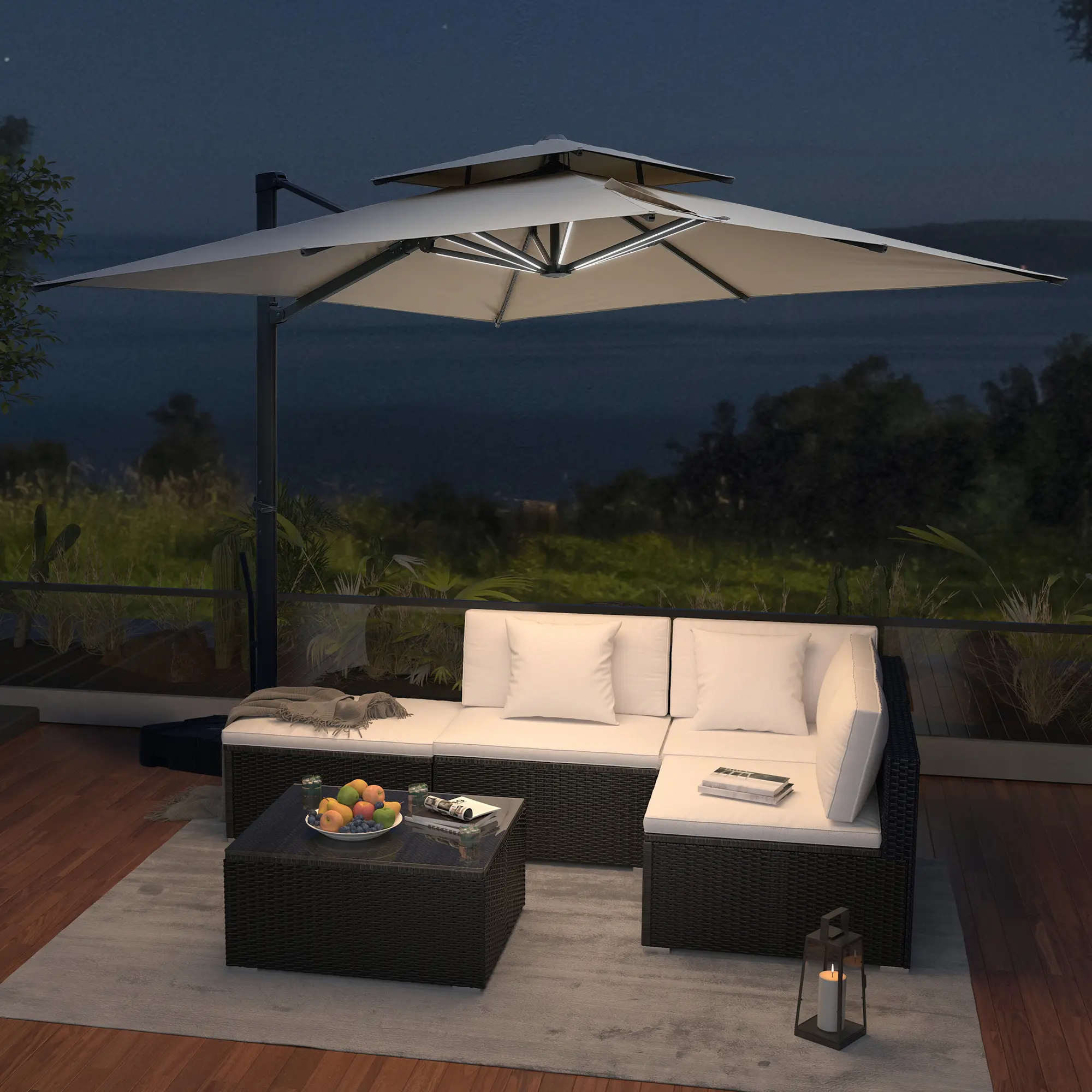 10-Ft Aluminum Patio Cantilever Umbrella with Removable Light Strips and Tilt Function