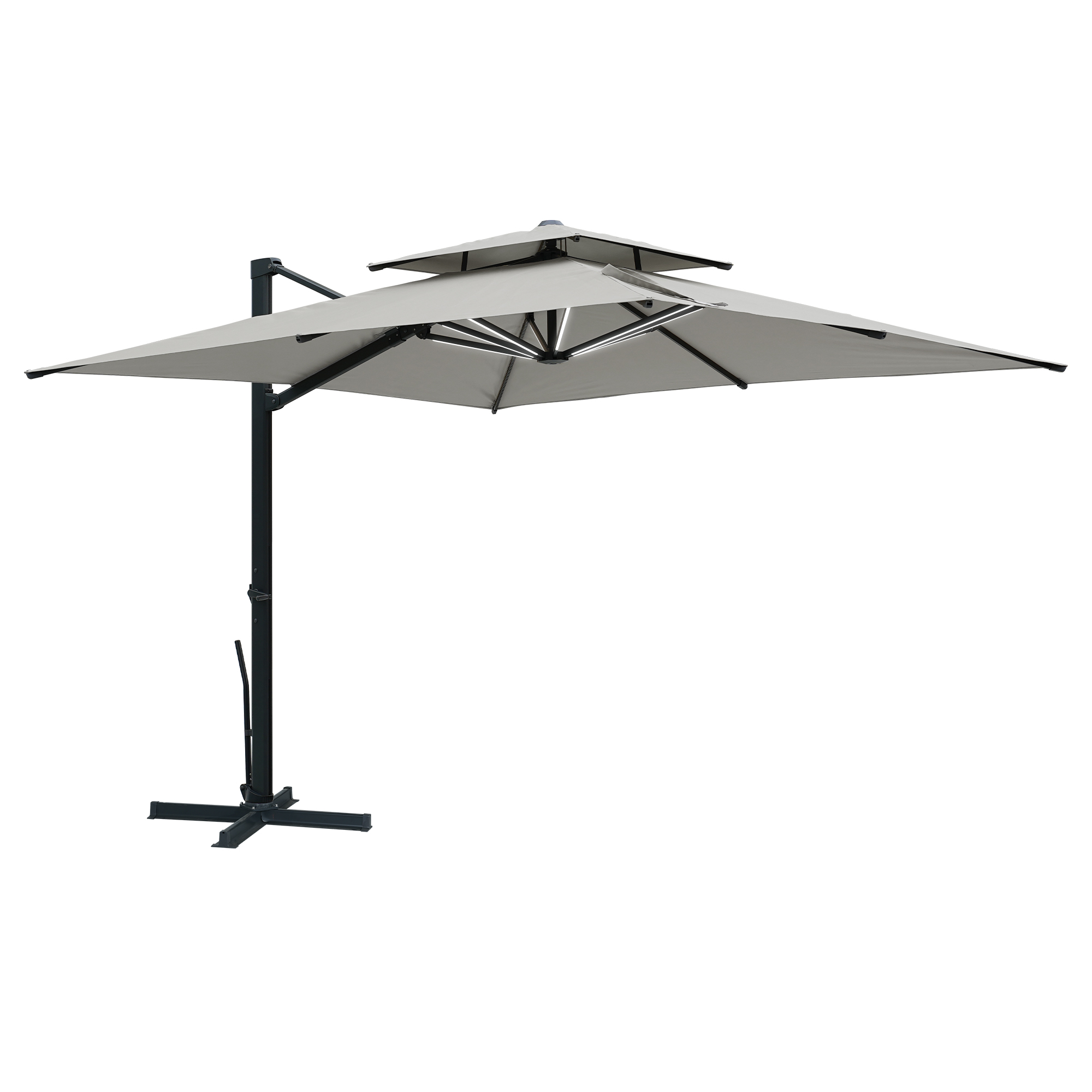 Aluminum Cantilever Patio Umbrella with Tilt Function, Removable Light Bar, and Base Included