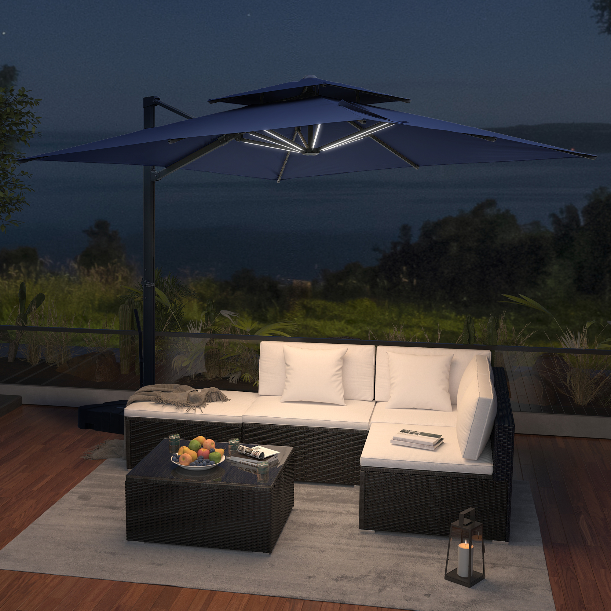 Aluminum Cantilever Patio Umbrella with Tilt Function, Removable Light Bar, and Base Included