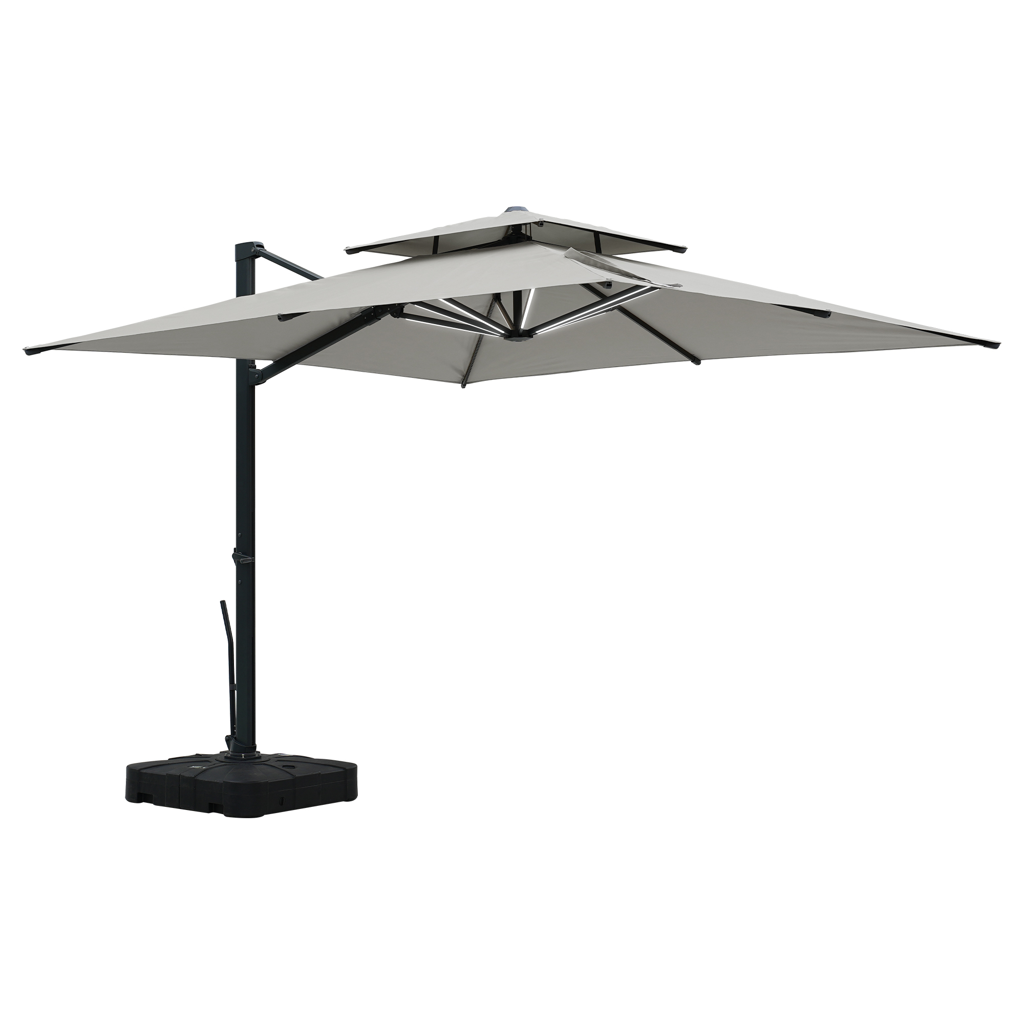 Aluminum Cantilever Patio Umbrella with Tilt Function, Removable Light Bar, and Base Included