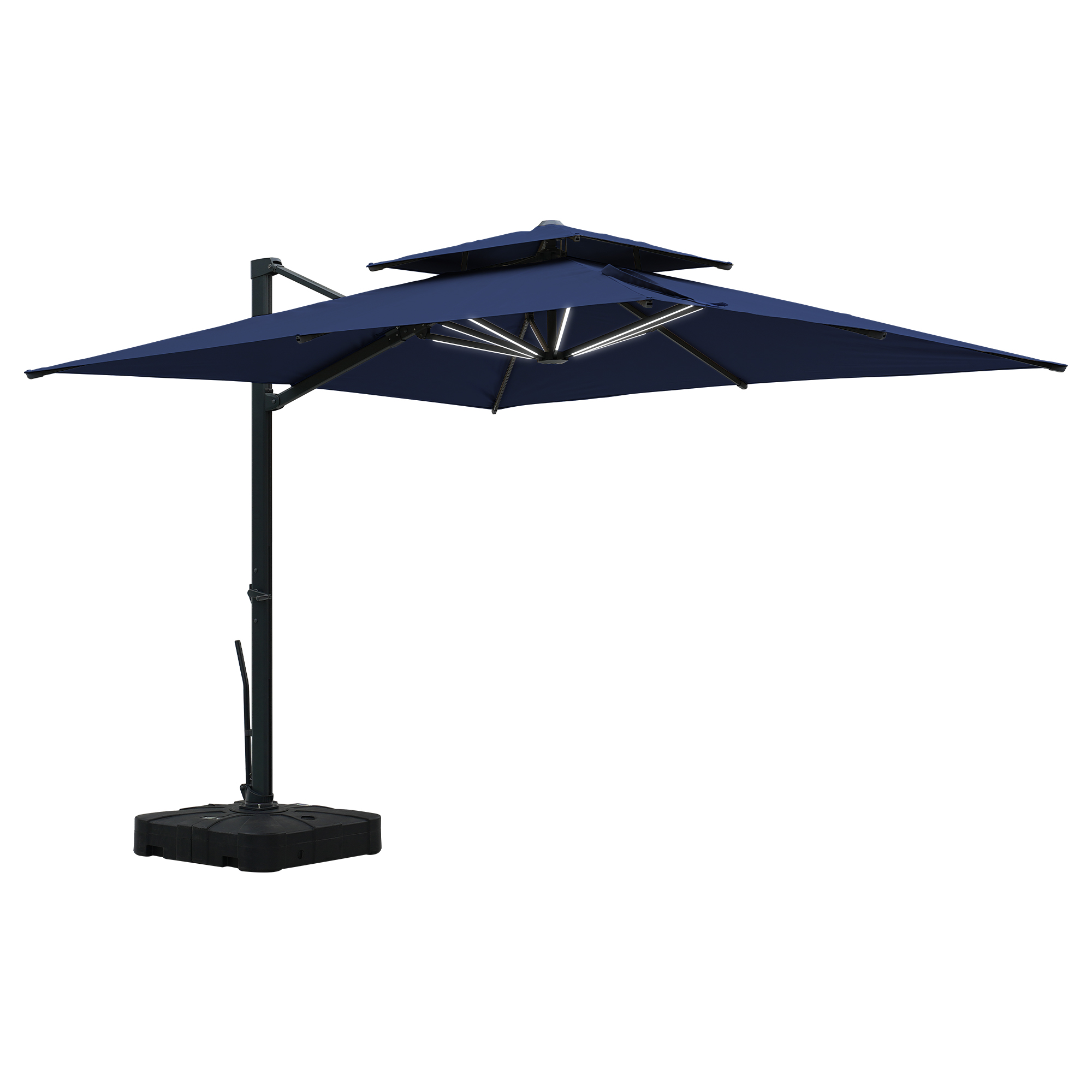 Aluminum Cantilever Patio Umbrella with Tilt Function, Removable Light Bar, and Base Included