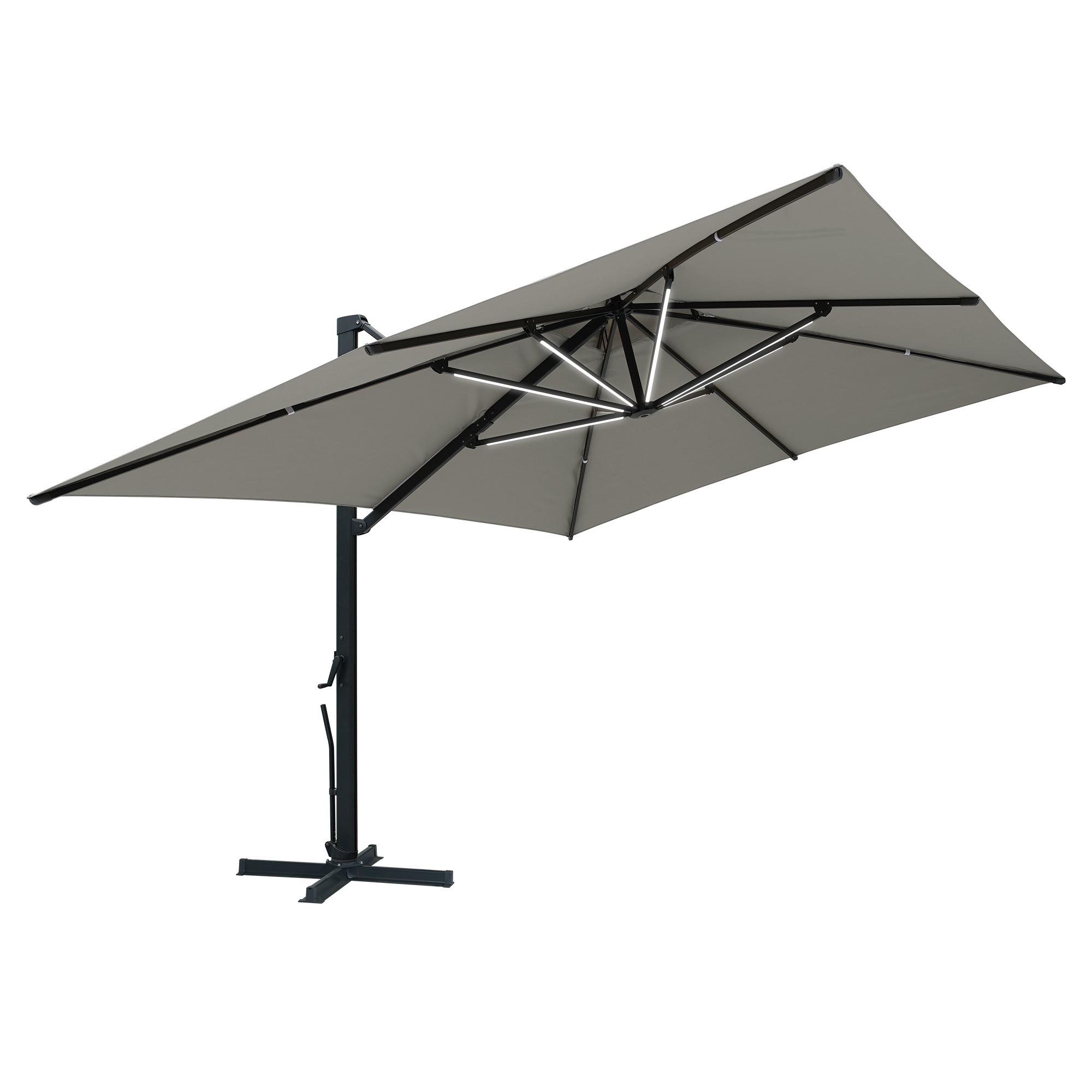 Aluminum Cantilever Patio Umbrella with Tilt Function, Removable Light Bar, and Base Included