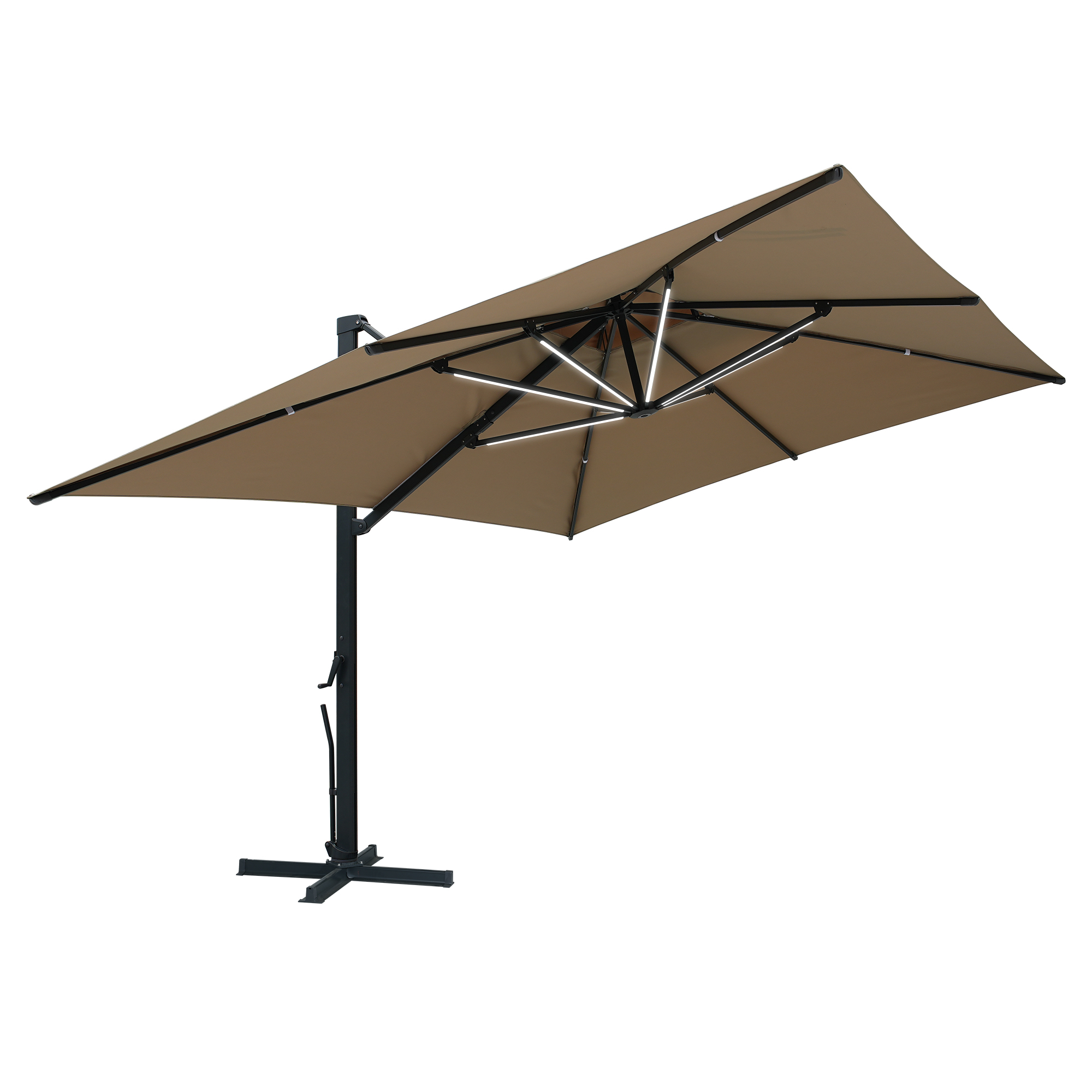 Aluminum Cantilever Patio Umbrella with Tilt Function, Removable Light Bar, and Base Included