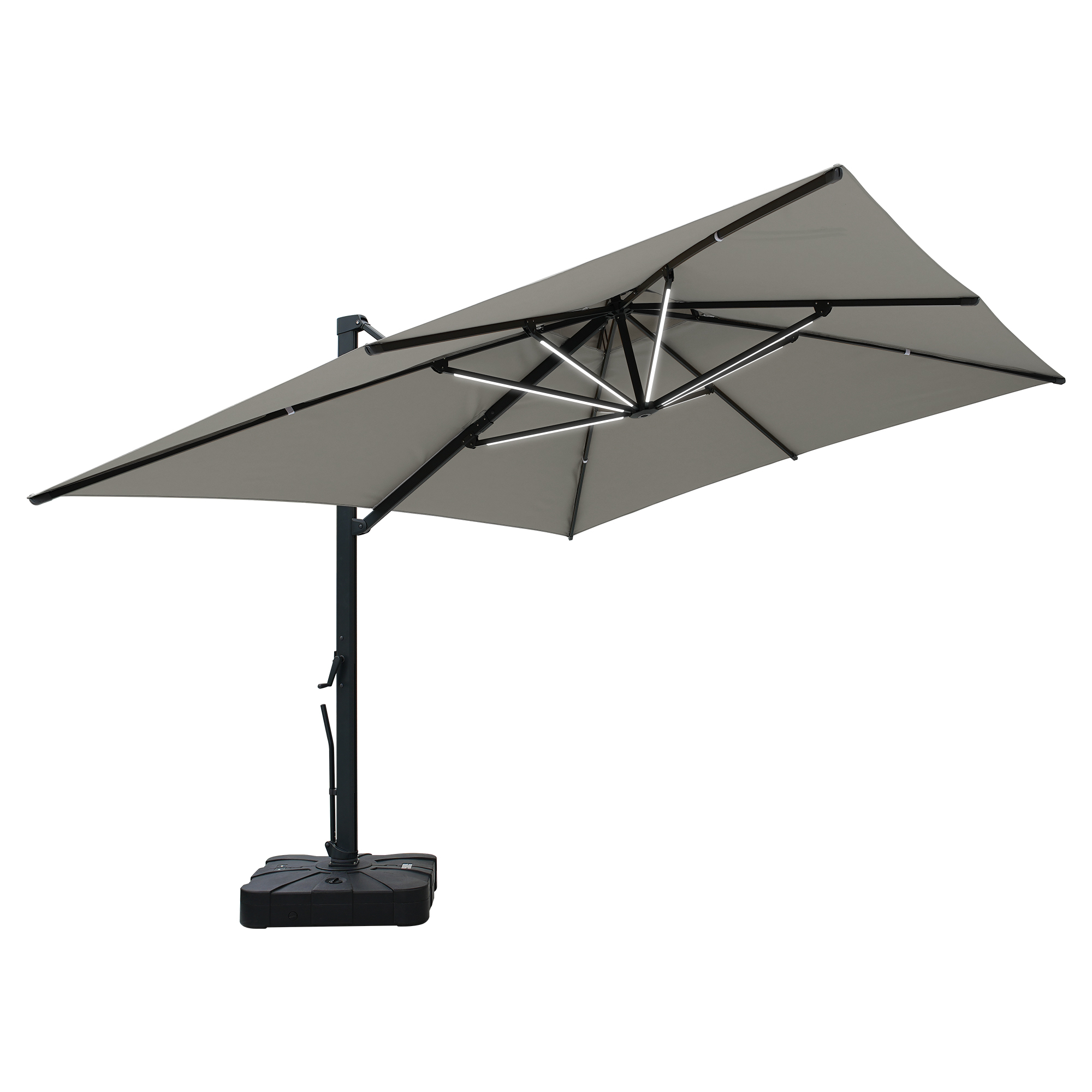 Aluminum Cantilever Patio Umbrella with Tilt Function, Removable Light Bar, and Base Included