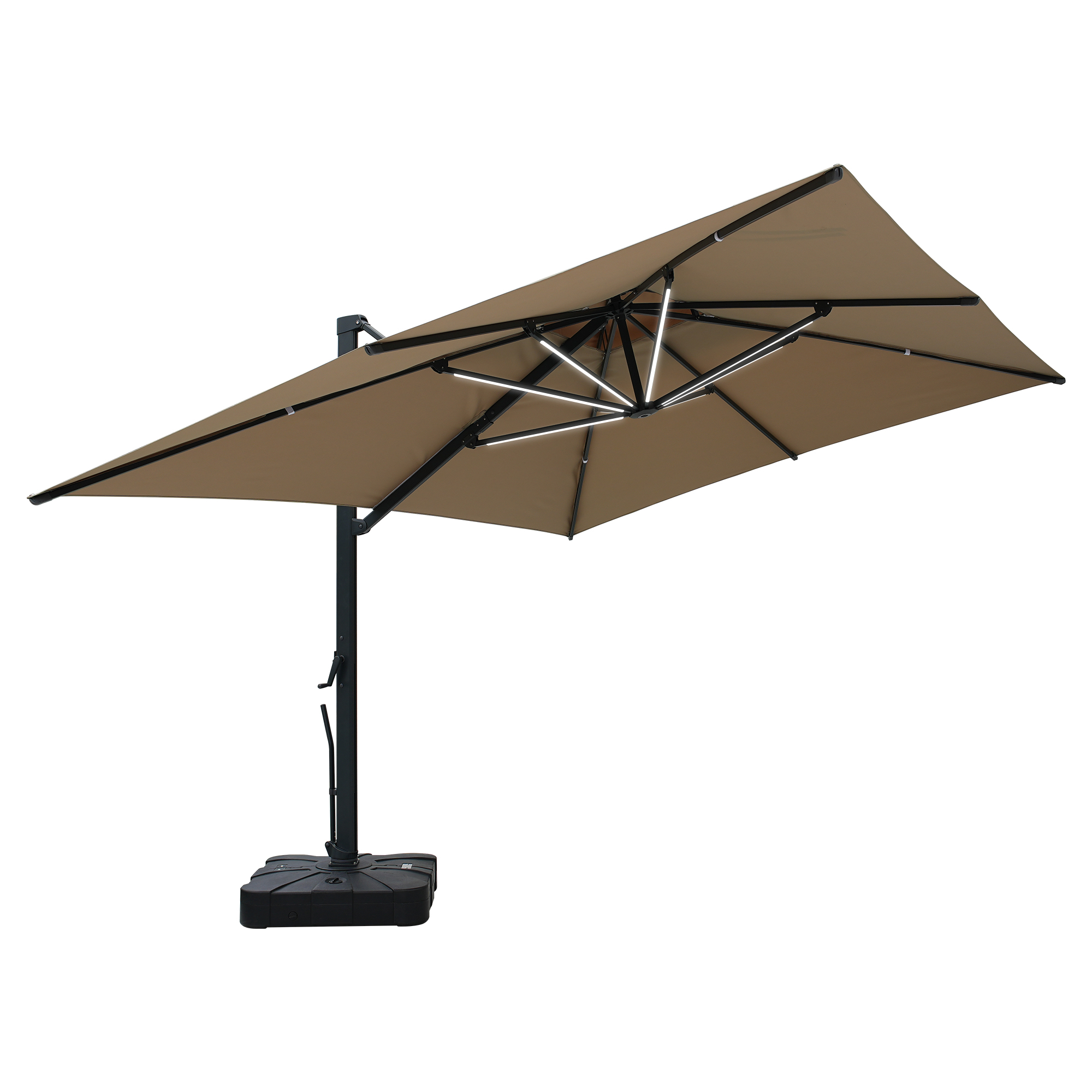 Aluminum Cantilever Patio Umbrella with Tilt Function, Removable Light Bar, and Base Included