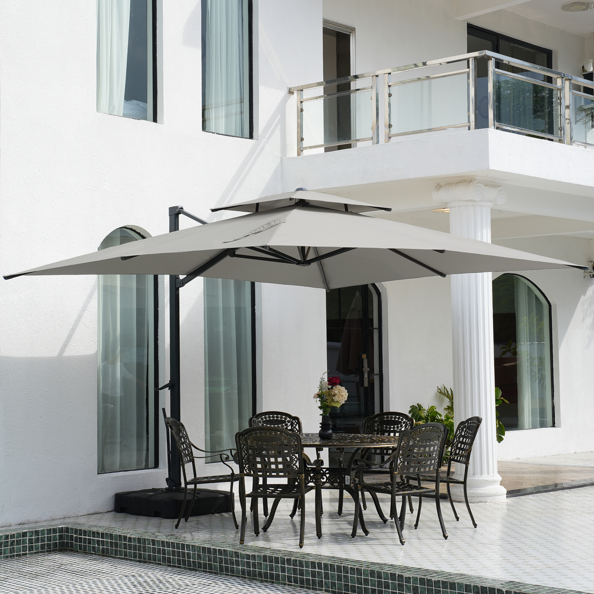 Aluminum Cantilever Patio Umbrella with Tilt Function, Removable Light Bar, and Base Included