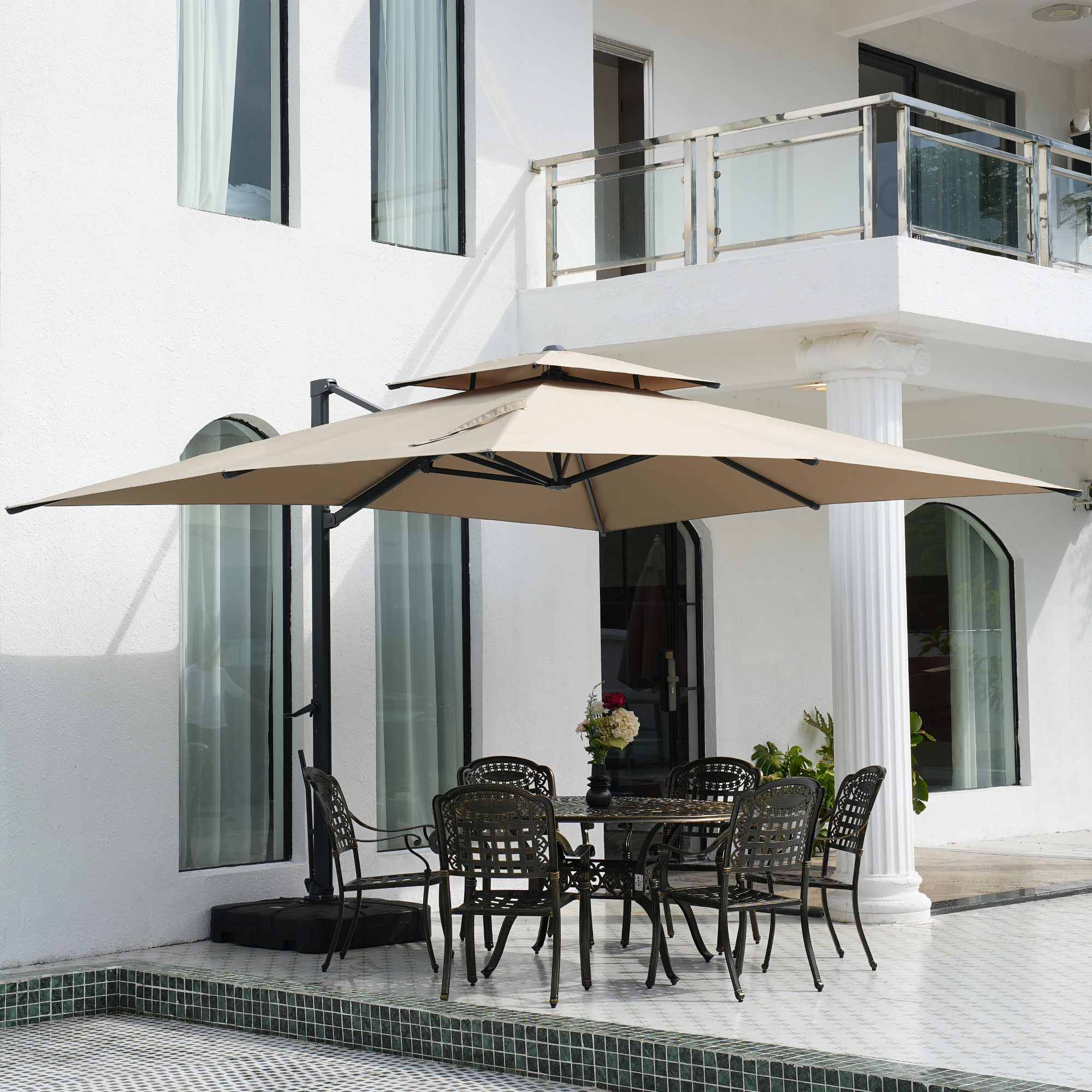 Aluminum Cantilever Patio Umbrella with Tilt Function, Removable Light Bar, and Base Included