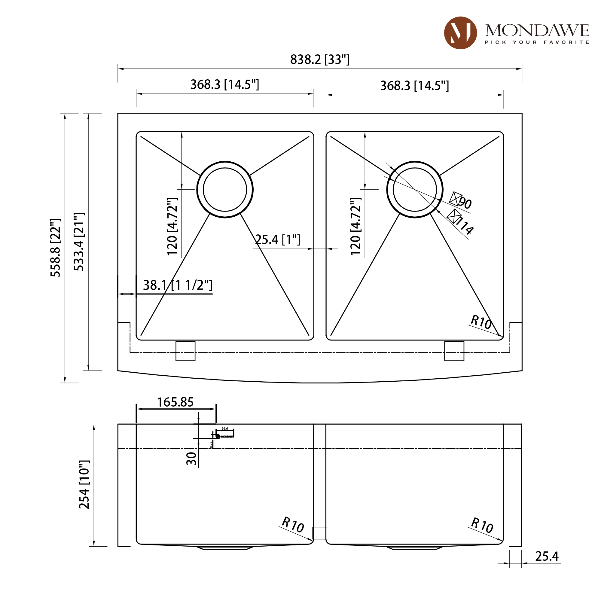 33 inch Farmhouse Apron Front 33-in x 22-in Brushed Stainless Steel Double Bowl Kitchen Sink-Mondawe