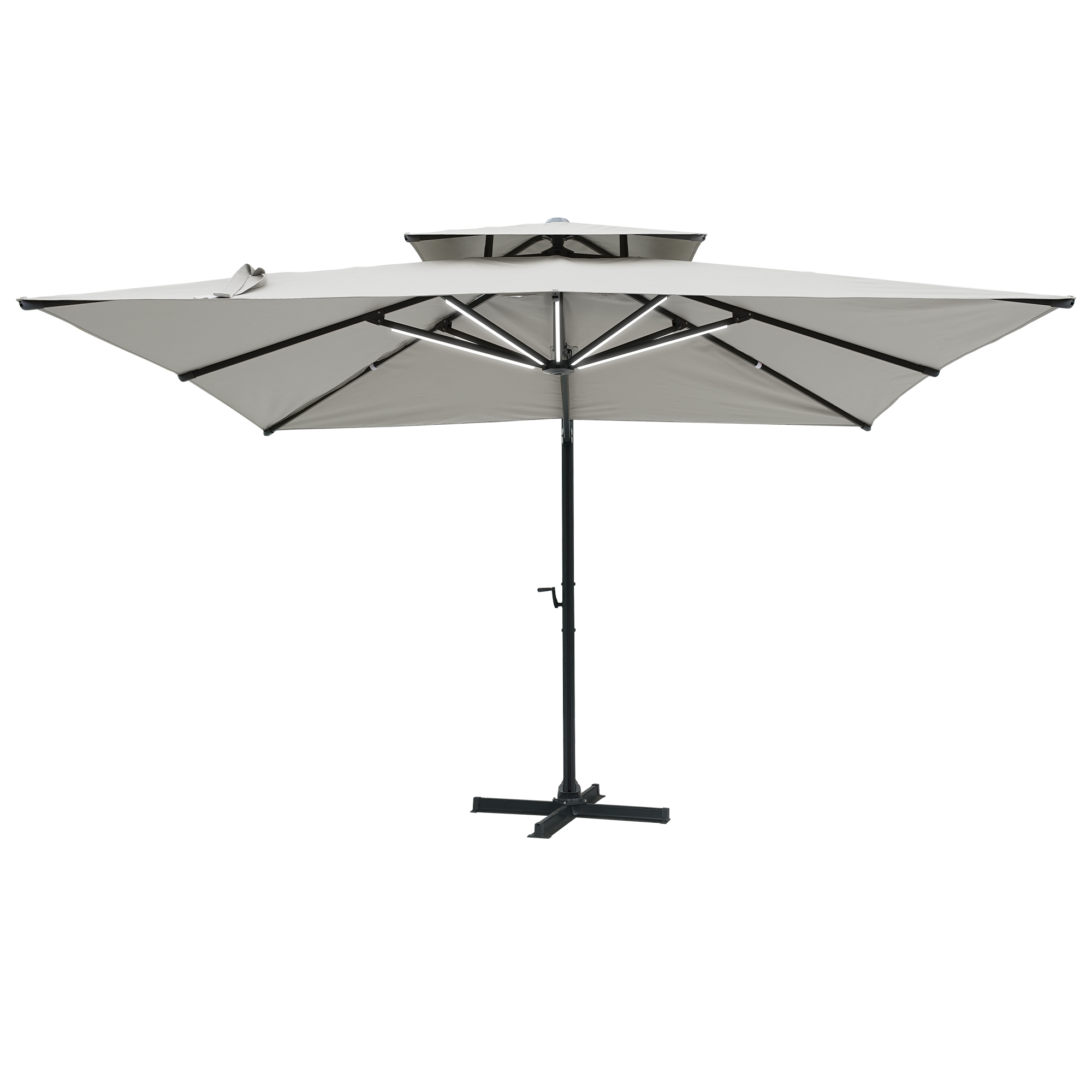 Aluminum Cantilever Patio Umbrella with Tilt Function, Removable Light Bar, and Base Included