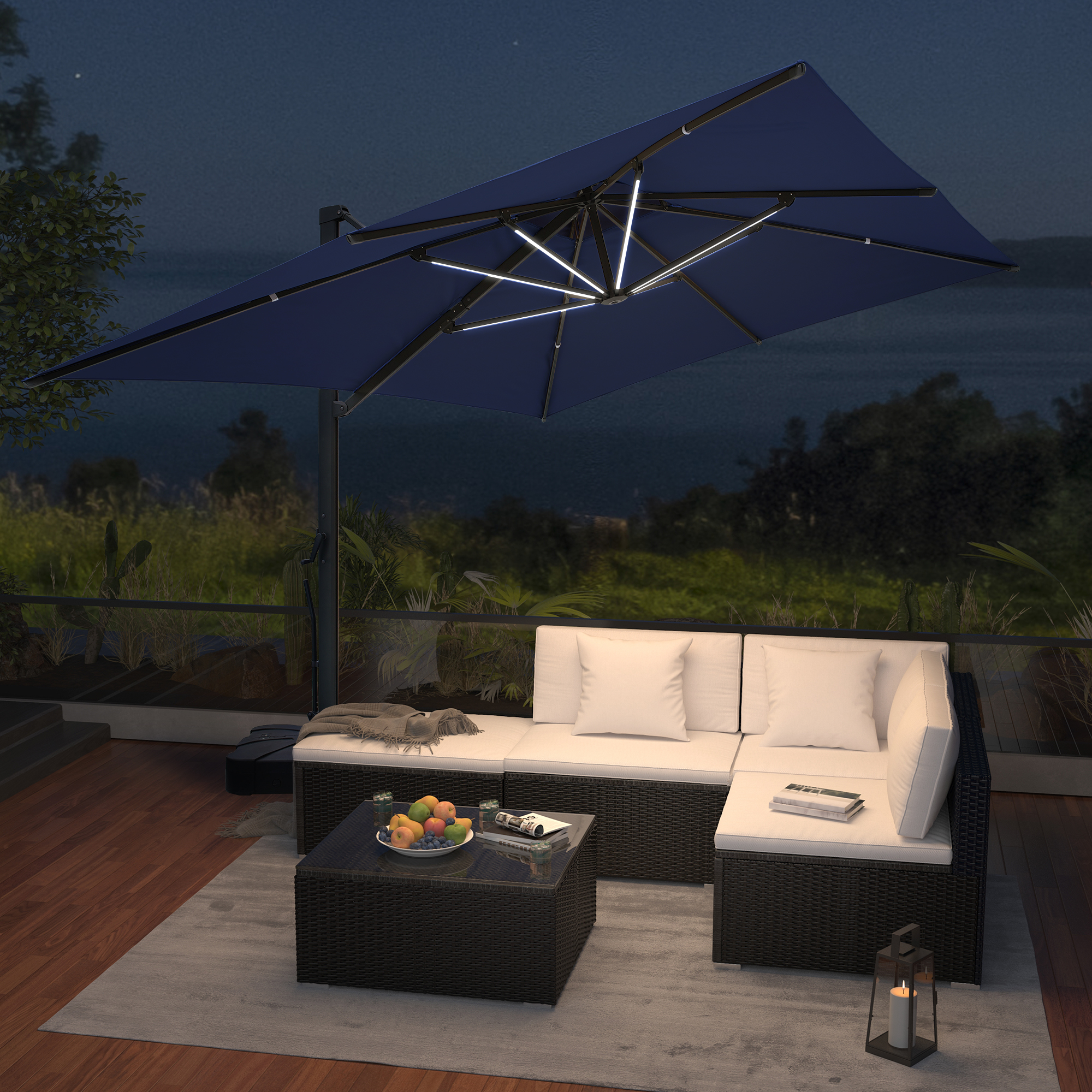 Aluminum Cantilever Patio Umbrella with Tilt Function, Removable Light Bar, and Base Included