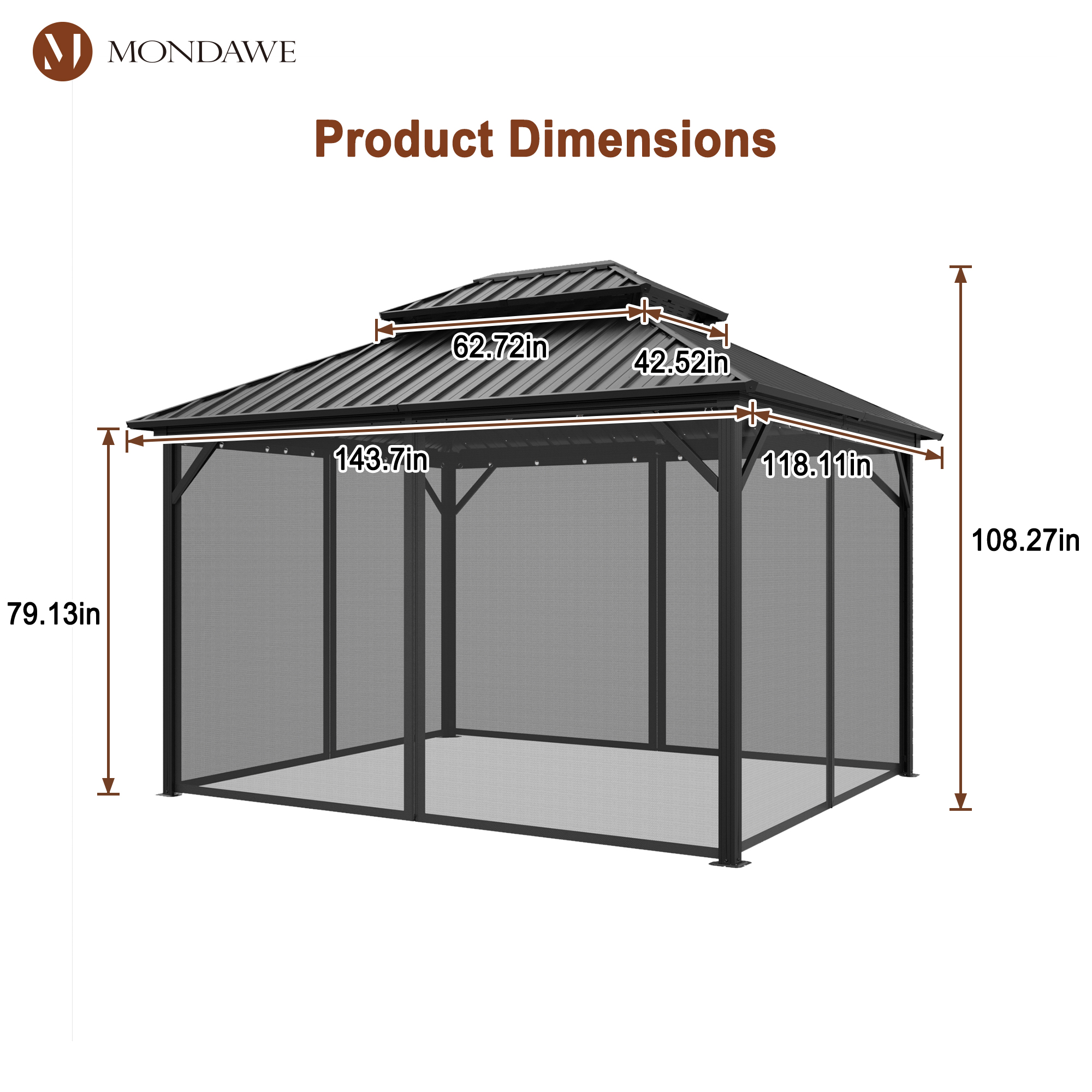 10x12 ft Double Roof Hard Top Aluminum Frame Gazebo with Netted Curtains-Mondawe