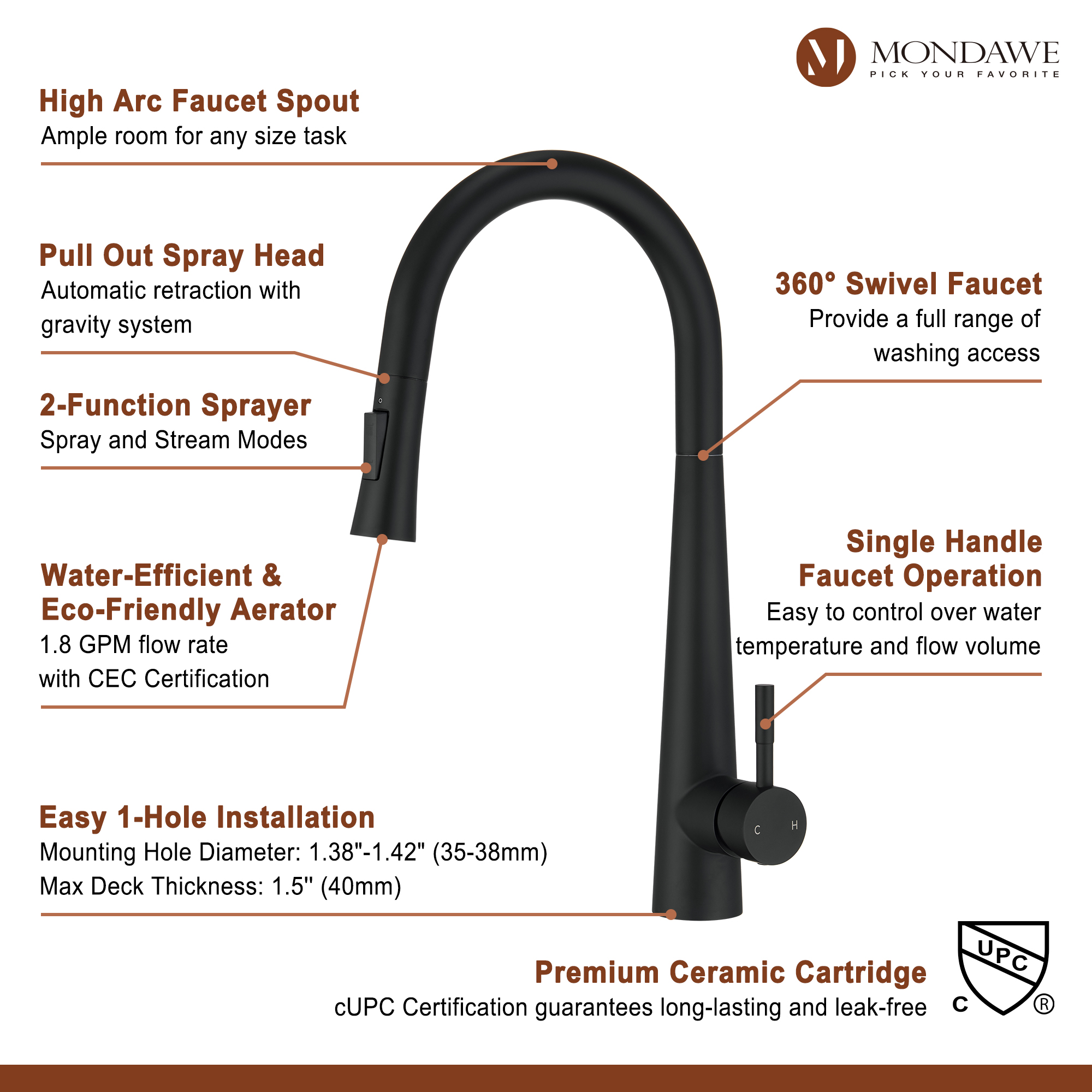 High Arc Pull Down Single Handle Kitchen Faucet with Accessories-Mondawe